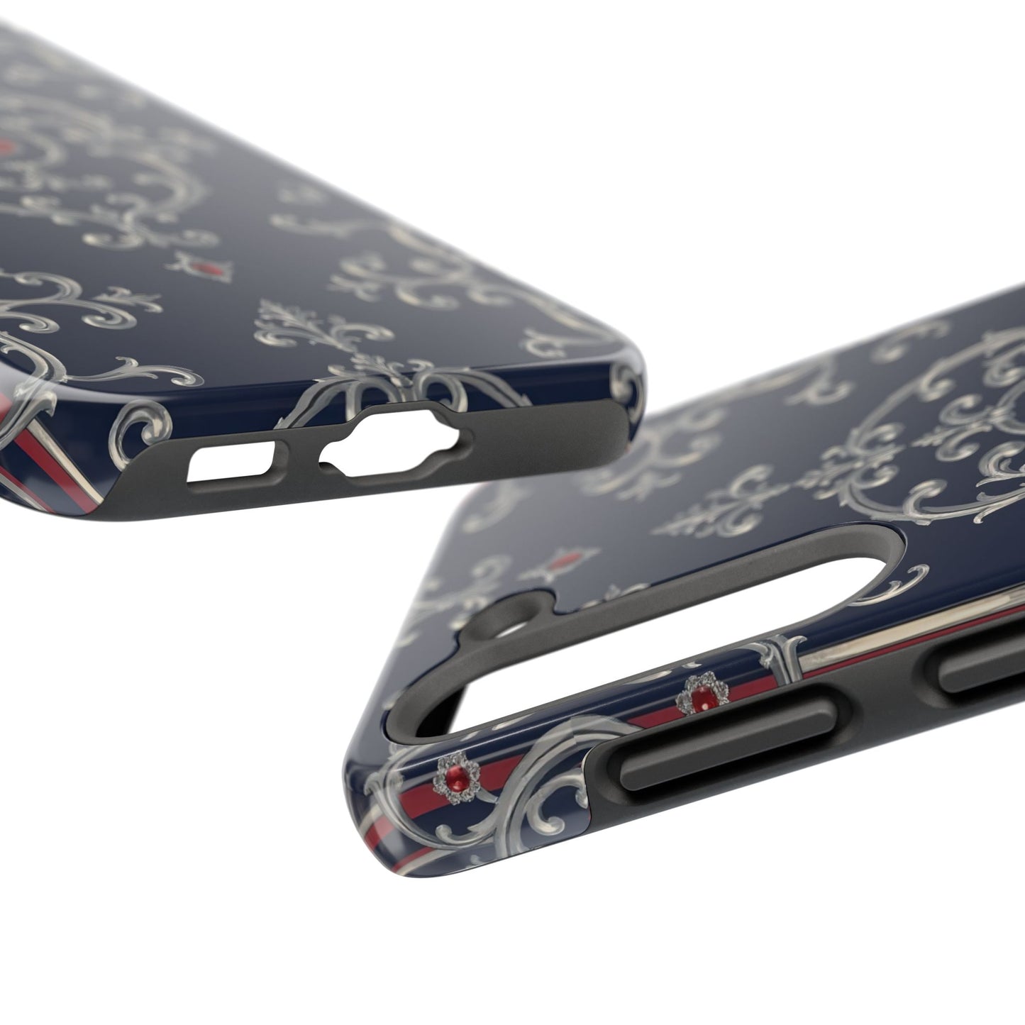 Elegant Patterned Tough Phone Cases for Stylish Protection, Gift for Her, Unique Accessories - Blue & Red Striped Silver Baroque