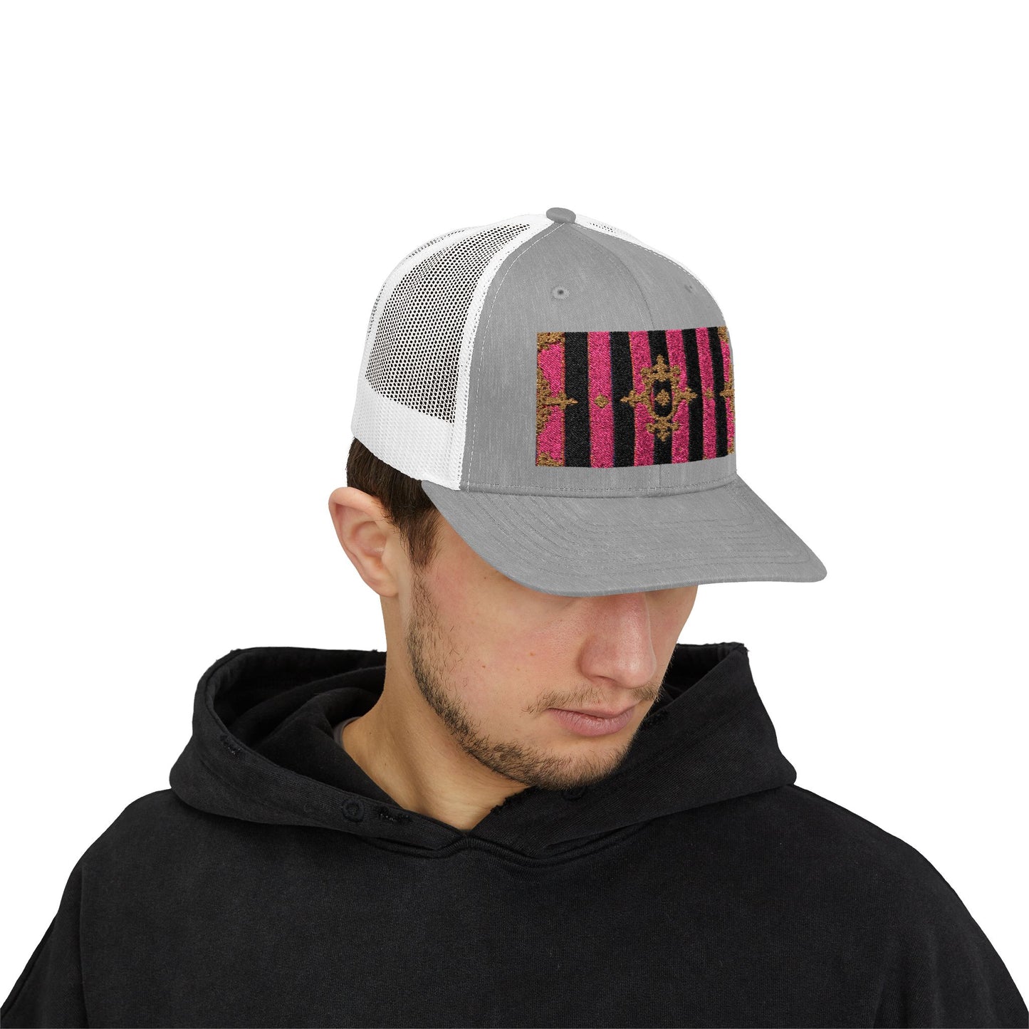 Stylish Snapback Trucker Cap with Black & Mauve Striped Gold Baroque, Trendy Fashion Hat, Perfect Gift for Him/Her