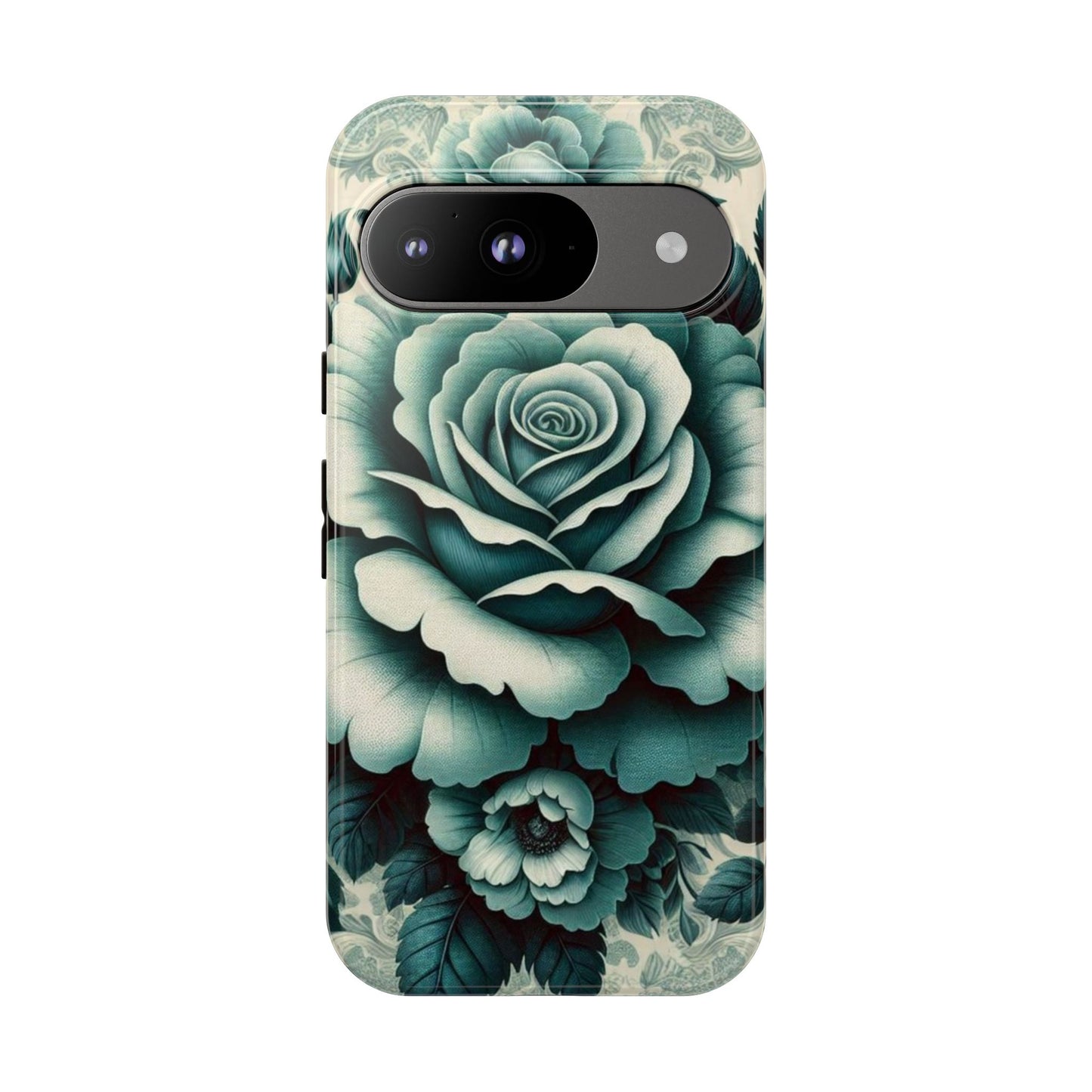 Elegant Floral Motif Phone Case - Tough Cases with Vintage Design - Teal Roses & Damask
