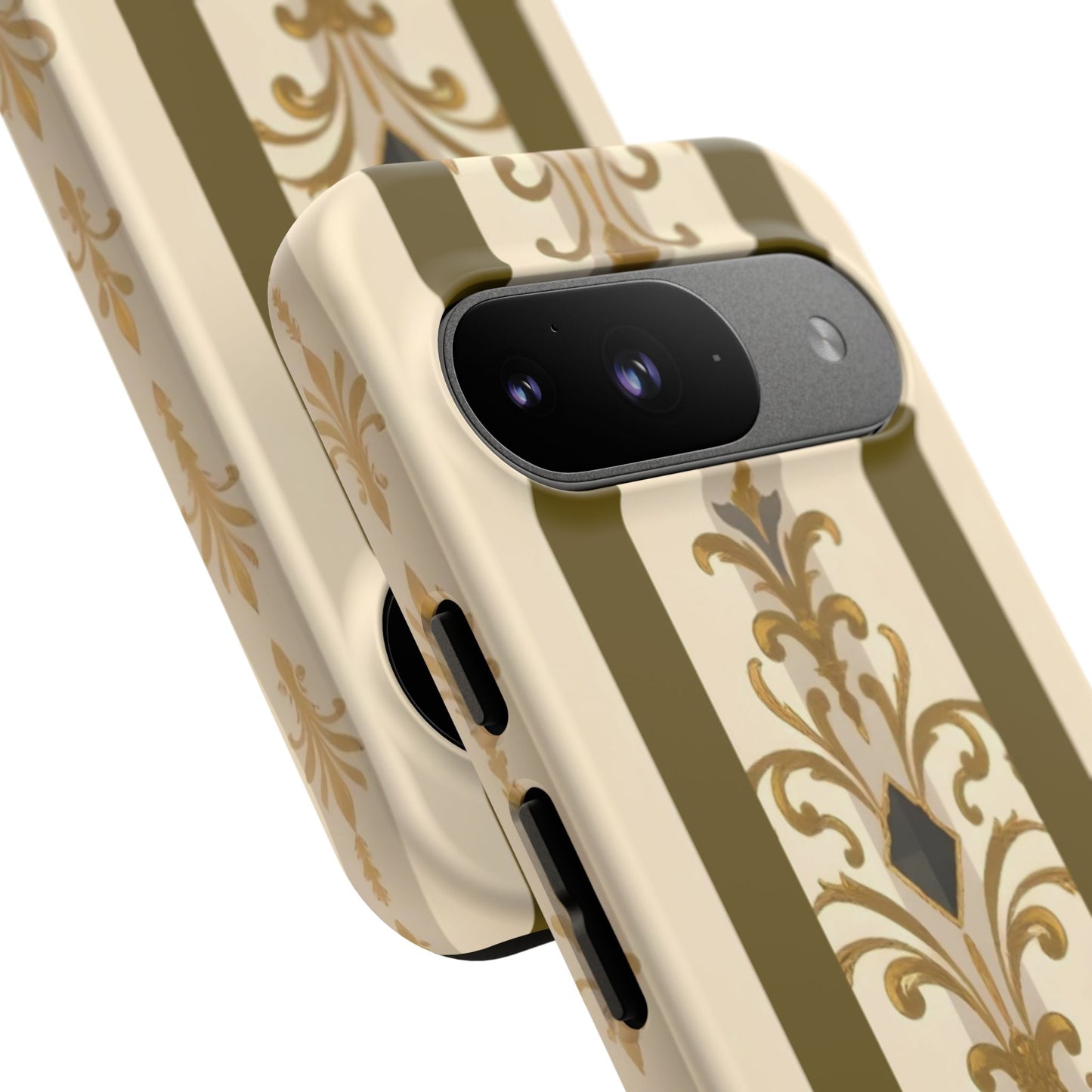 Elegant Floral Motif Phone Case - Tough Cases with Vintage Design - Olive Striped Gold Damask