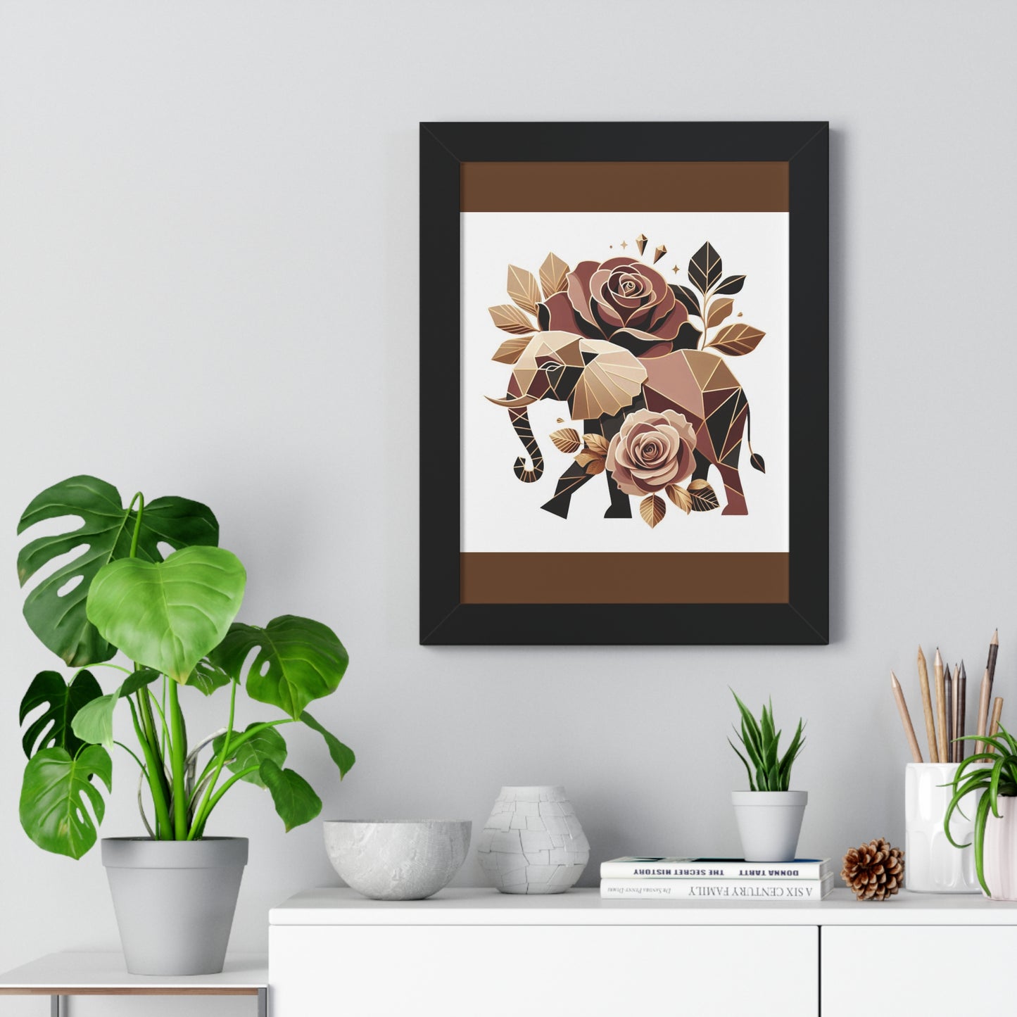 Vertical Poster - Brown & Gold Elephant & Roses Wall Art