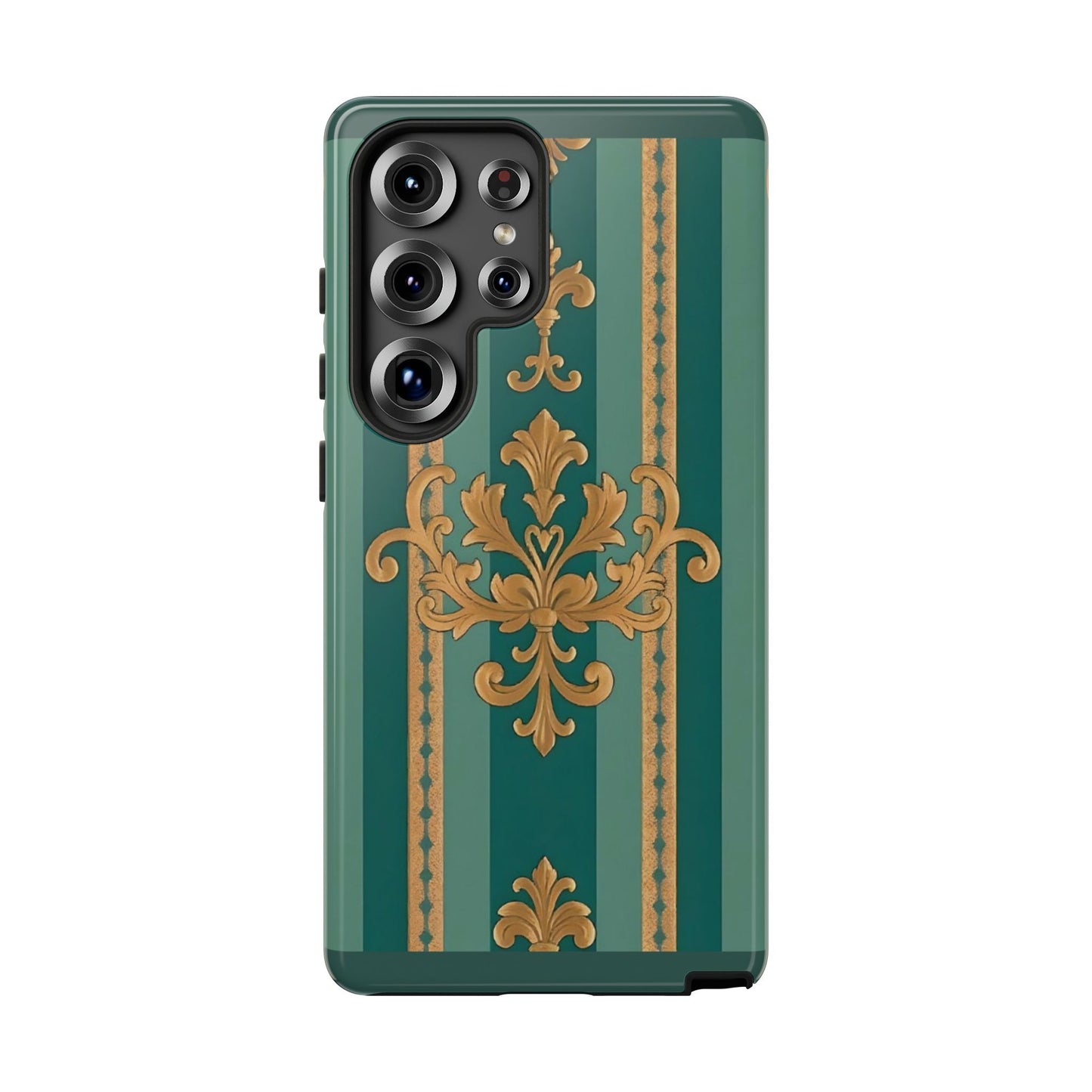 Elegant Floral Motif Phone Case - Tough Cases with Vintage Design - Teal Striped Gold Damask