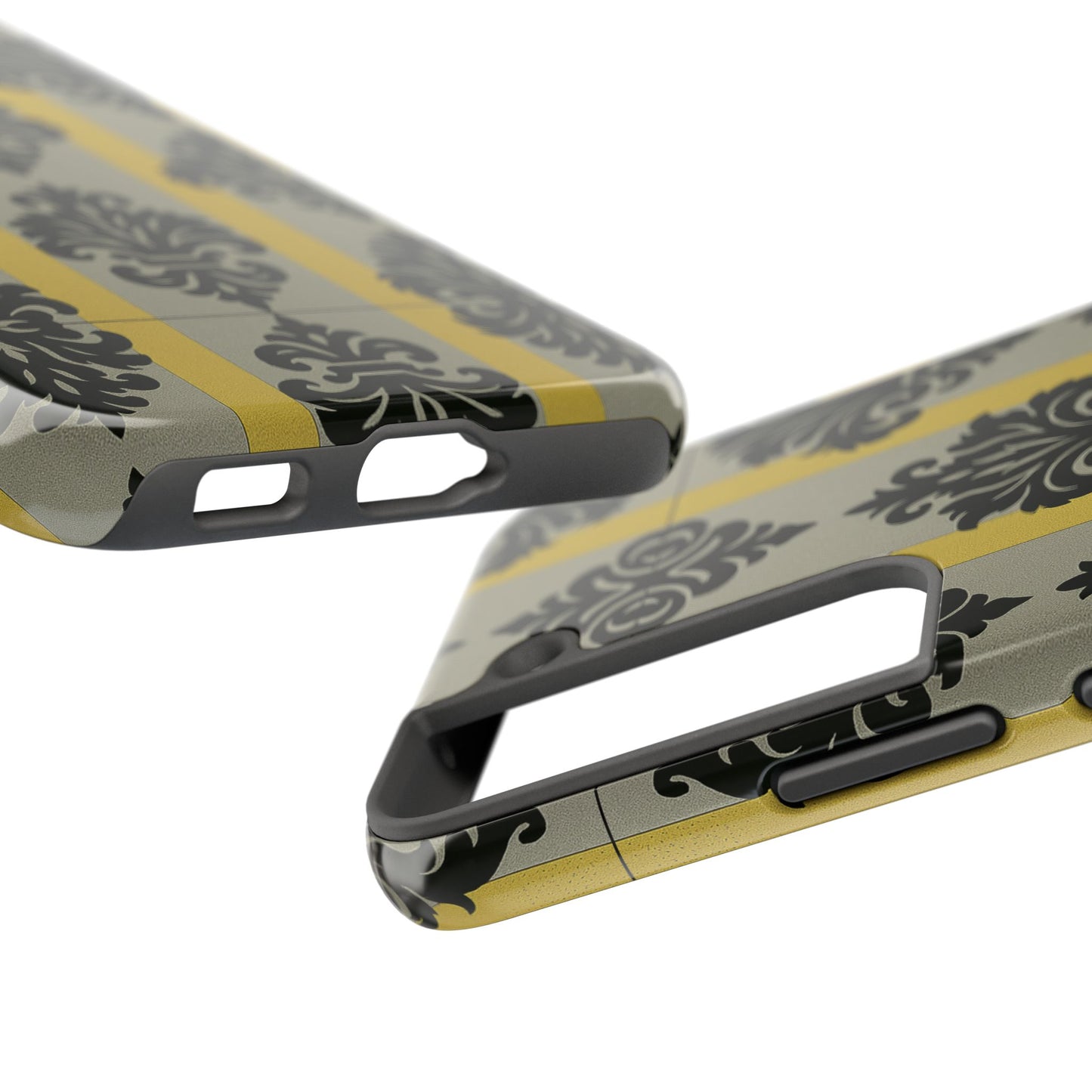 Elegant Baroque Tough Phone Cases | Chic Phone Protection | Gift for Her | Stylish Accessory | Holiday Gift Idea | Silver & Gold Striped Black Baroque
