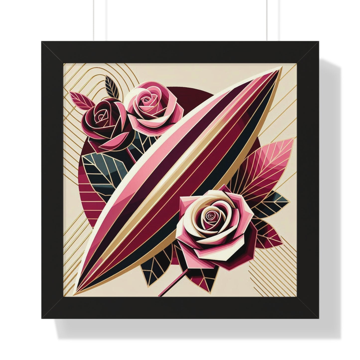 Vertical Poster - Pink & Burgundy Striped Surfboard & Roses Wall Art