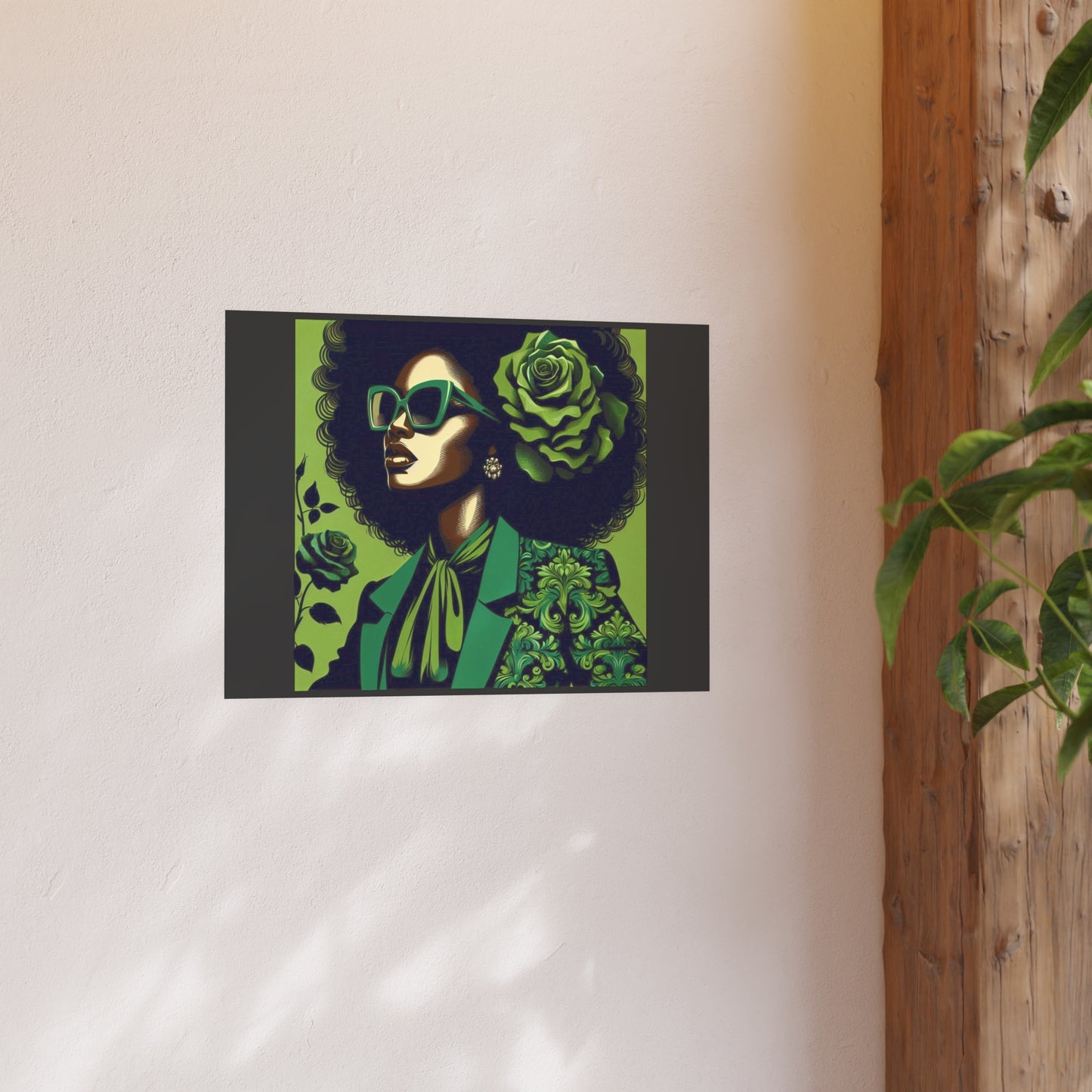 Chic Afrocentric Art Poster, Vibrant Wall Décor, Stylish Home Decoration, Damask Chic Art Print - Lady In Green Damask