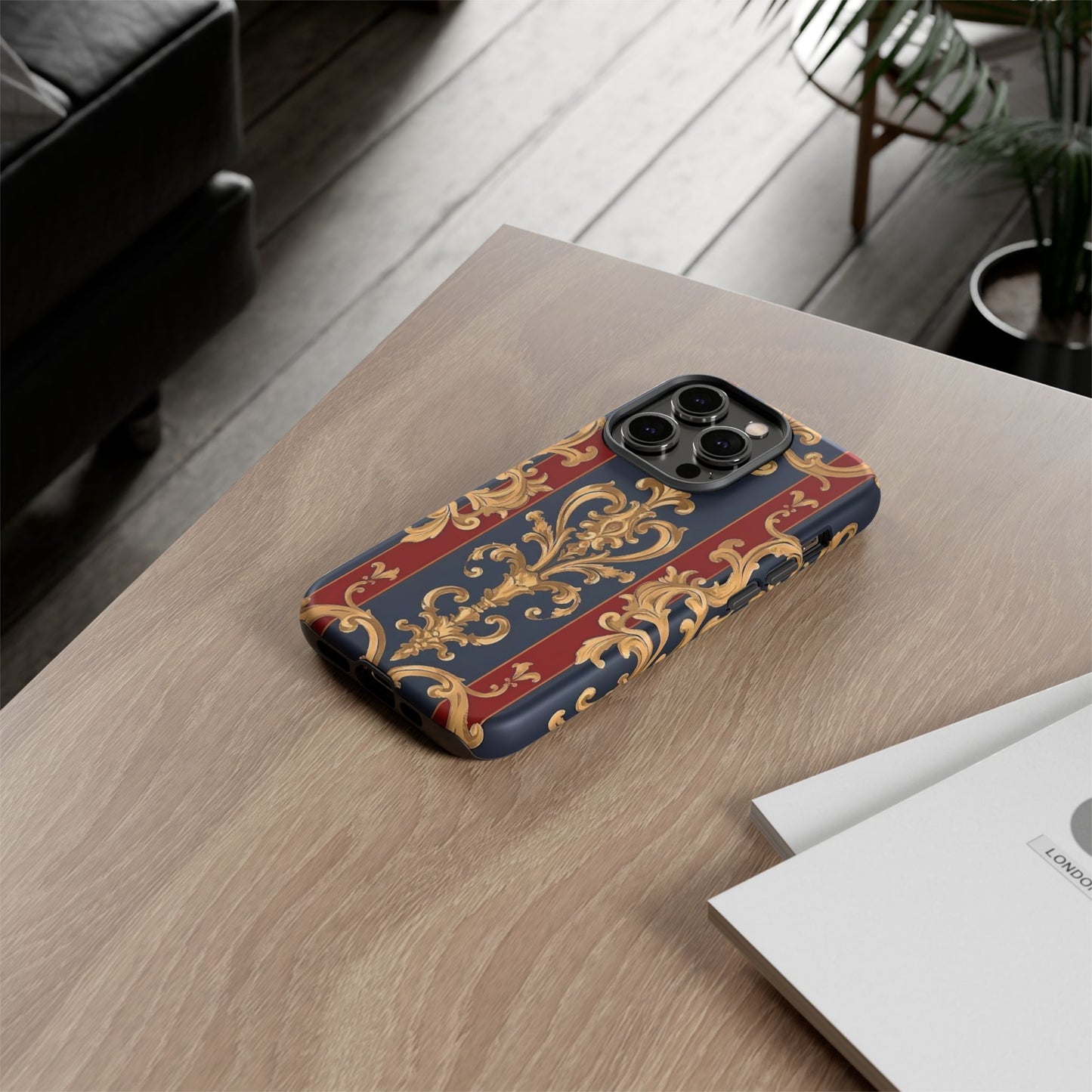 Elegant Floral Motif Phone Case - Tough Cases with Vintage Design - Midnight Blue & Dusk Red Striped Gold Damask