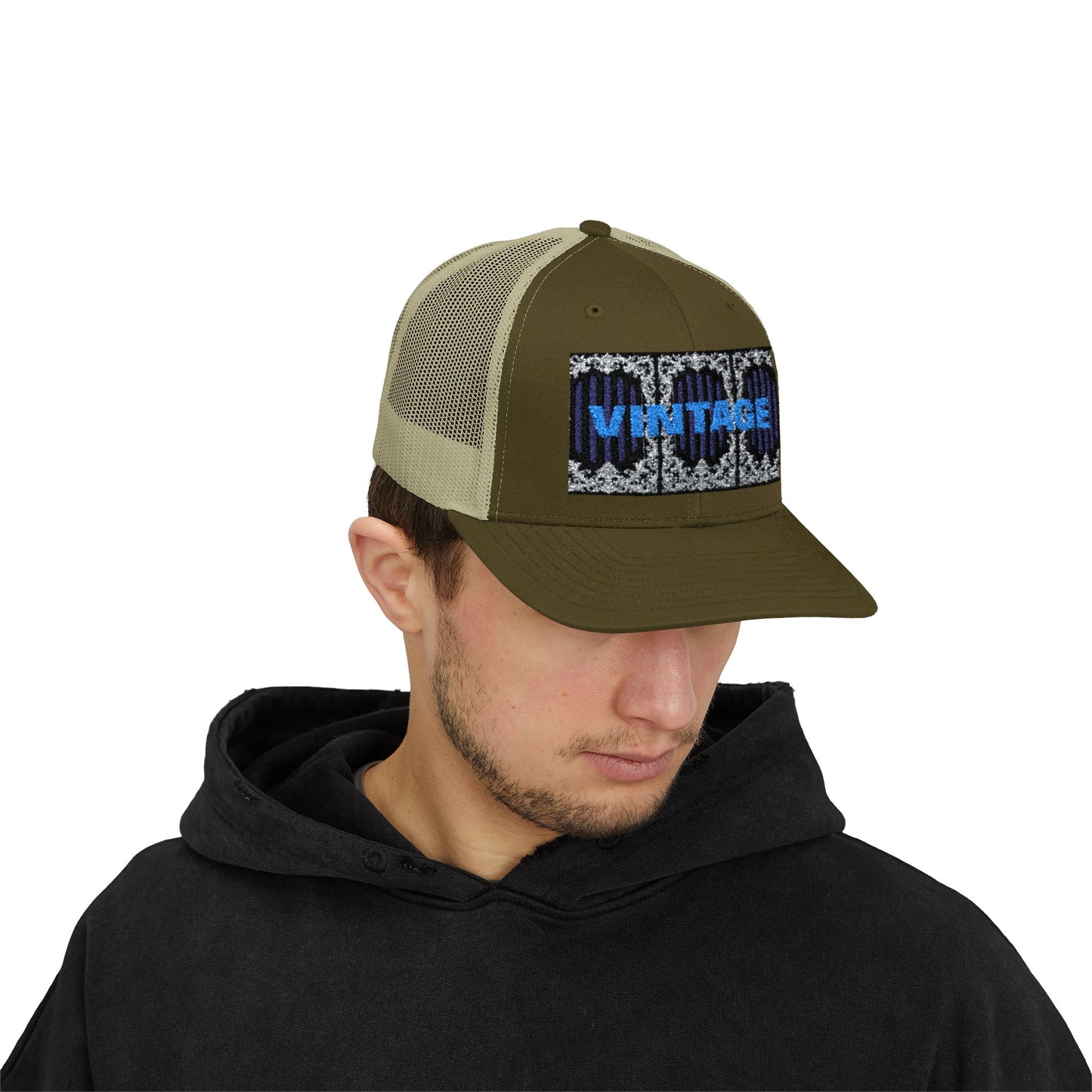 Vintage Navy Stripes & Baroque Trucker Cap — Retro 'VINTAGE' Embroidered Snapback