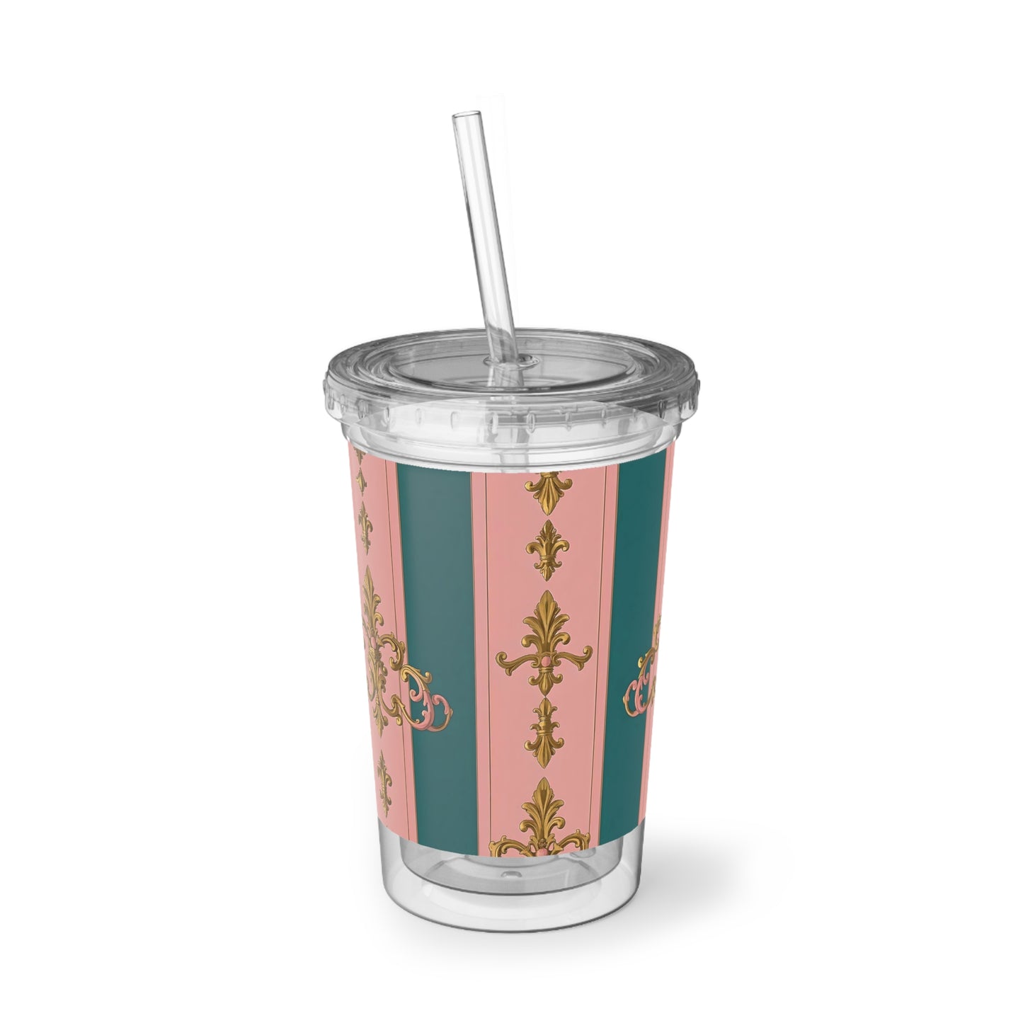 Stylish Acrylic Cup with Elegant Design, Perfect for Parties, Weddings, Gifts, Reusable Drinkware - Pink & Teal Striped Gold Baroque