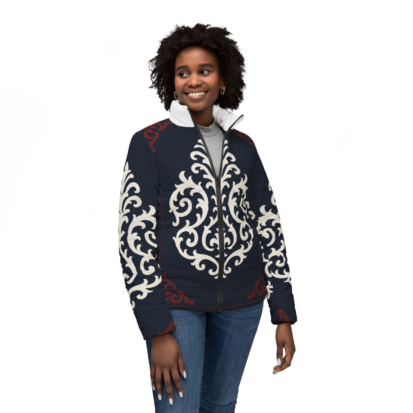 Dusk Blue & Maroon-White Baroque Women’s Puffer Jacket — Elegant Baroque Winter Coat