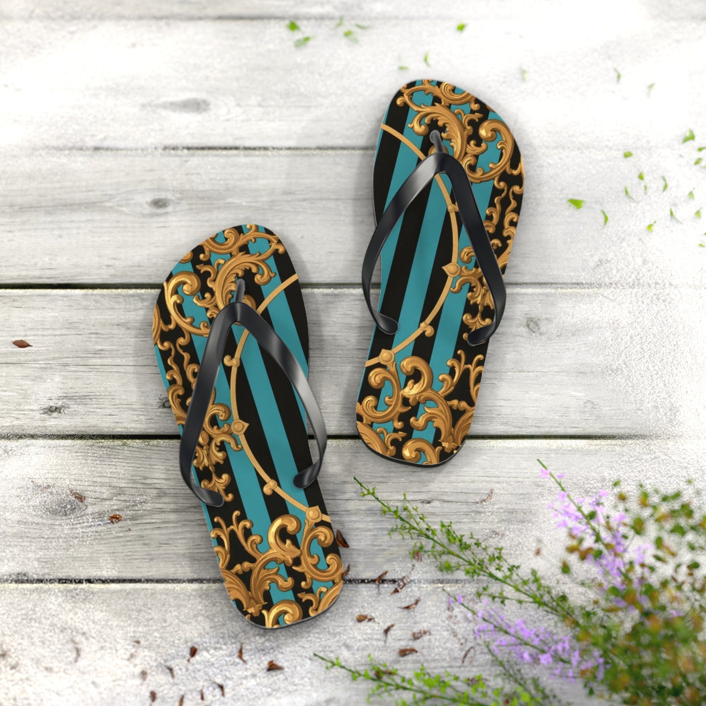 Elegant Turquoise & Black Striped Gold Baroque Patterned Flip Flops for Beach, Summer Vibes, Vacation Essentials, Stylish Footwear