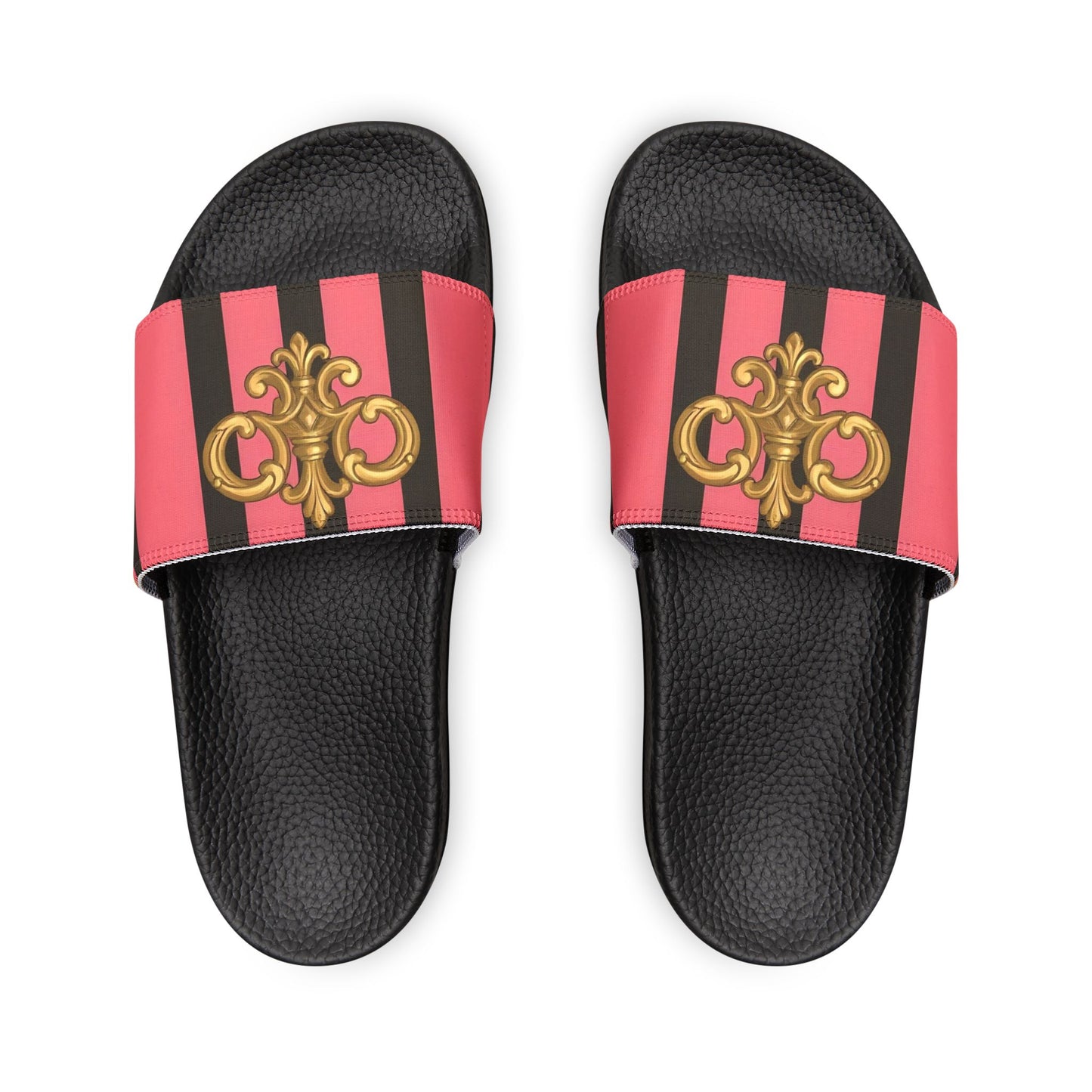 Chic Removable-Strap Sandals with Elegant Design, Stylish Summer Footwear, Beach Ready Slides - Pink & Black Striped Gold Baroque