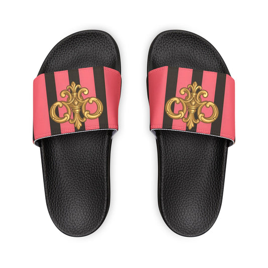 Chic Removable-Strap Sandals with Elegant Design, Stylish Summer Footwear, Beach Ready Slides - Pink & Black Striped Gold Baroque
