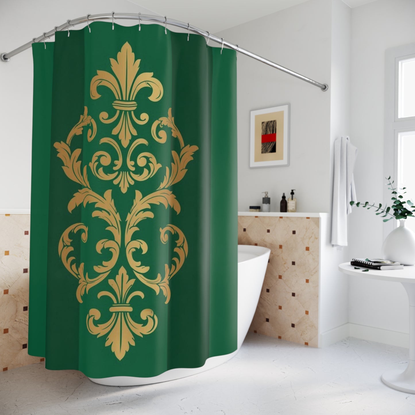 Green Striped Baroque Gold Shower Curtain — Luxurious Baroque Bath Decor