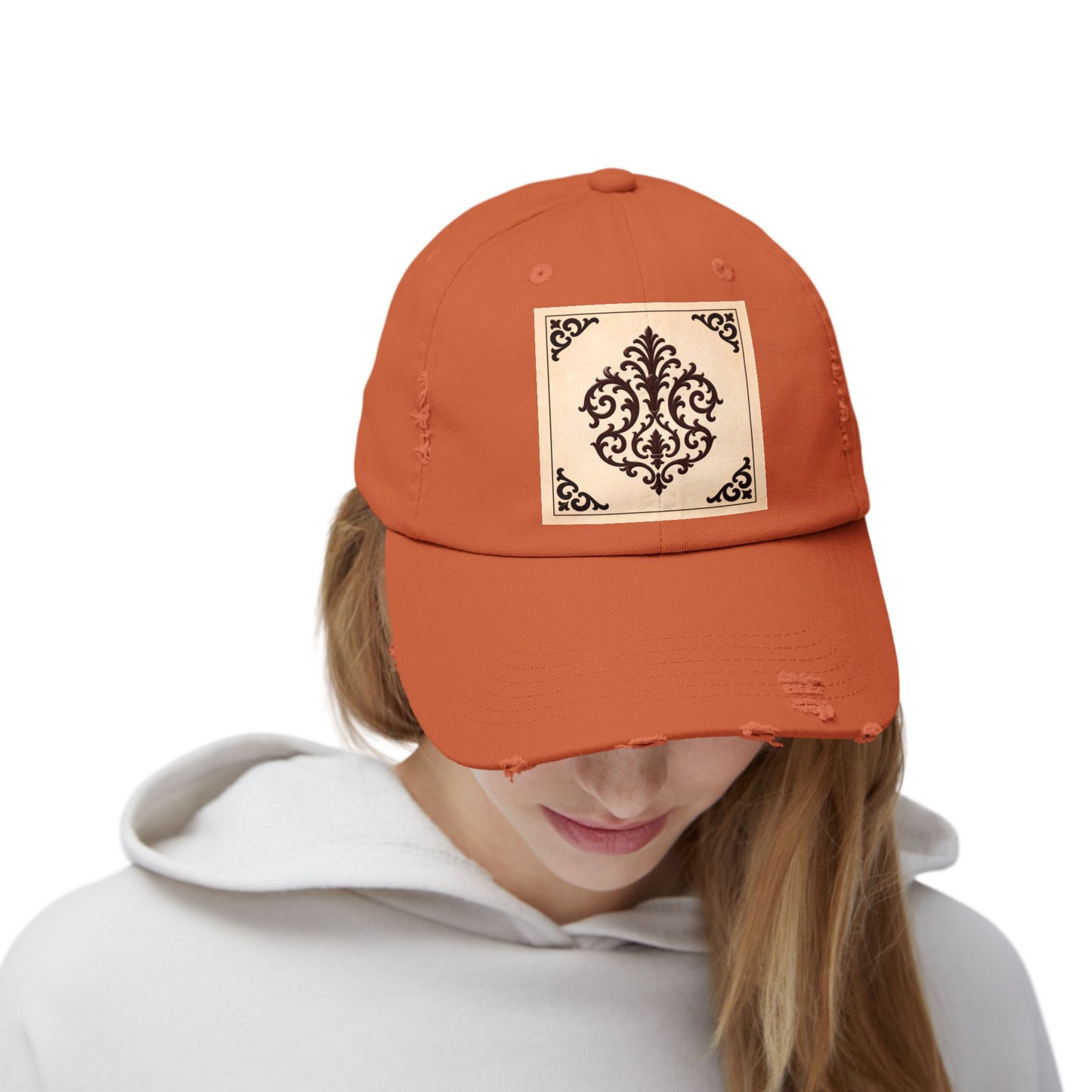 Almond-Beige & Brown Baroque Distressed Cap with Vintage Baroque Patch
