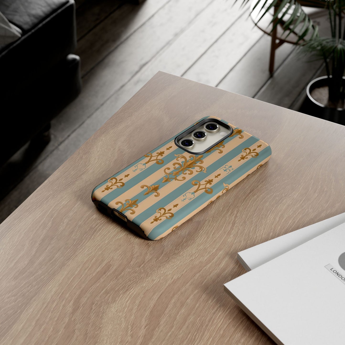 Elegant Floral Motif Phone Case - Tough Cases with Vintage Design -  Beige & Sky Blue Striped Gold Damask