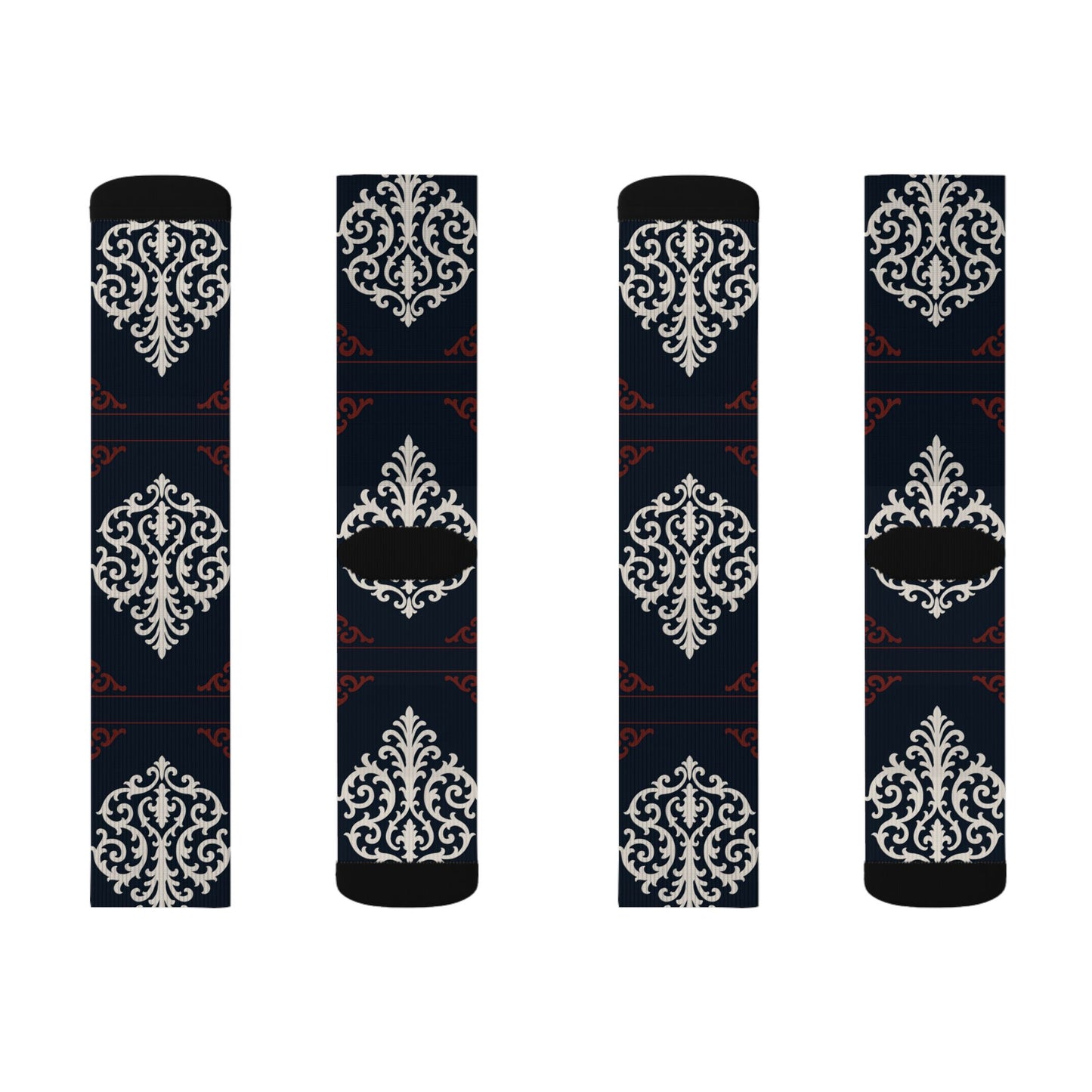 Dusk Blue-Maroon & White Baroque Pattern Sublimation Socks — Dusk Blue & White Ornate Crew Socks