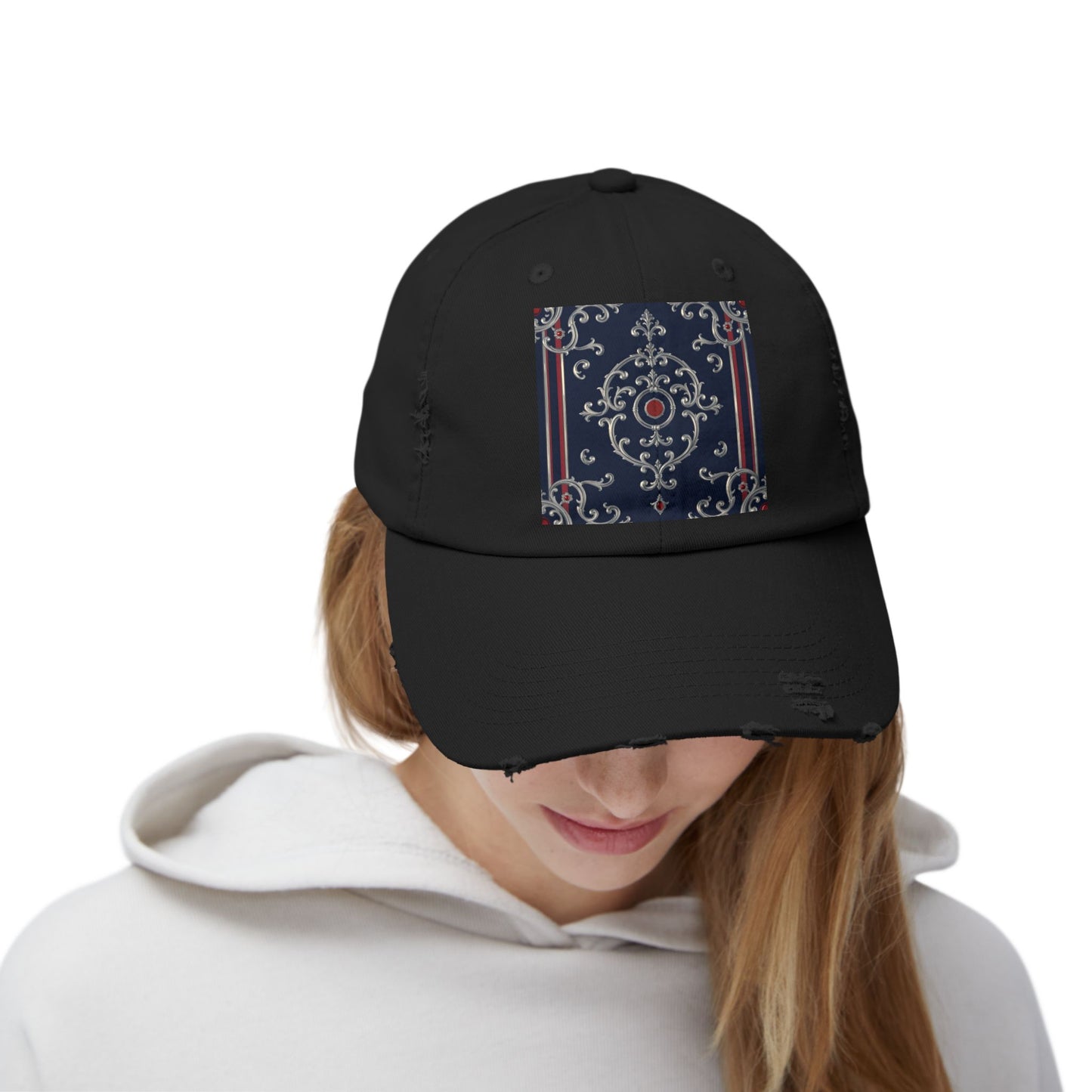 Stylish Unisex Distressed Cap with Ornate Design, Casual Hat for Outdoor Adventures, Beach Days - Blue & Red Silver Baroque