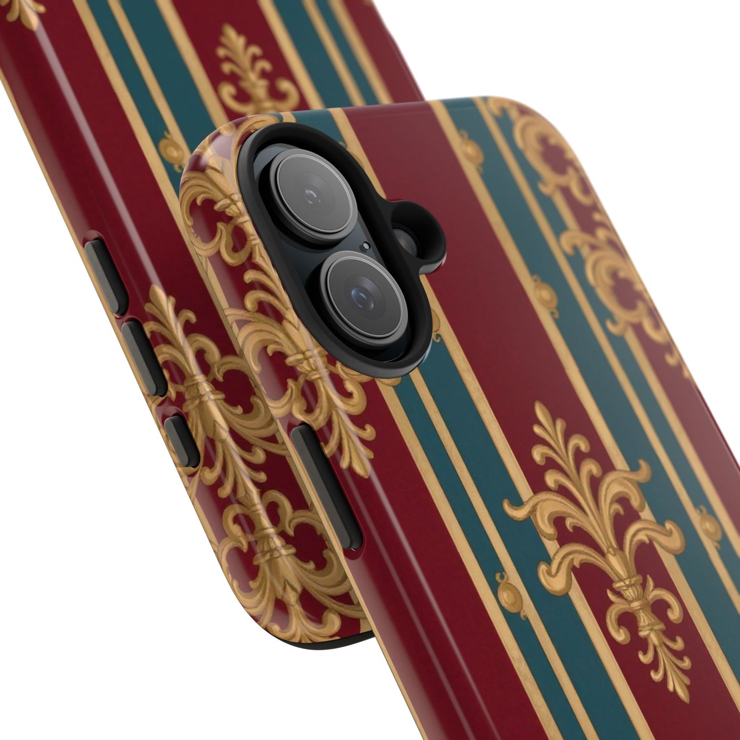 Elegant Vintage Tough Phone Case, Luxury Phone Protection, Stylish Phone Cover, Durable Phone Accessory - Burgundy Striped Gold Baroque