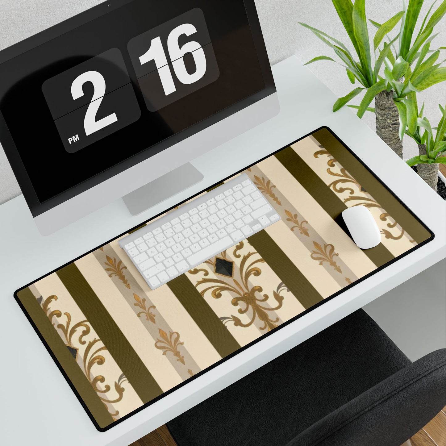 Elegant Floral Motif Desk Mat for Home Office Decor - Olive Striped Gold Damask