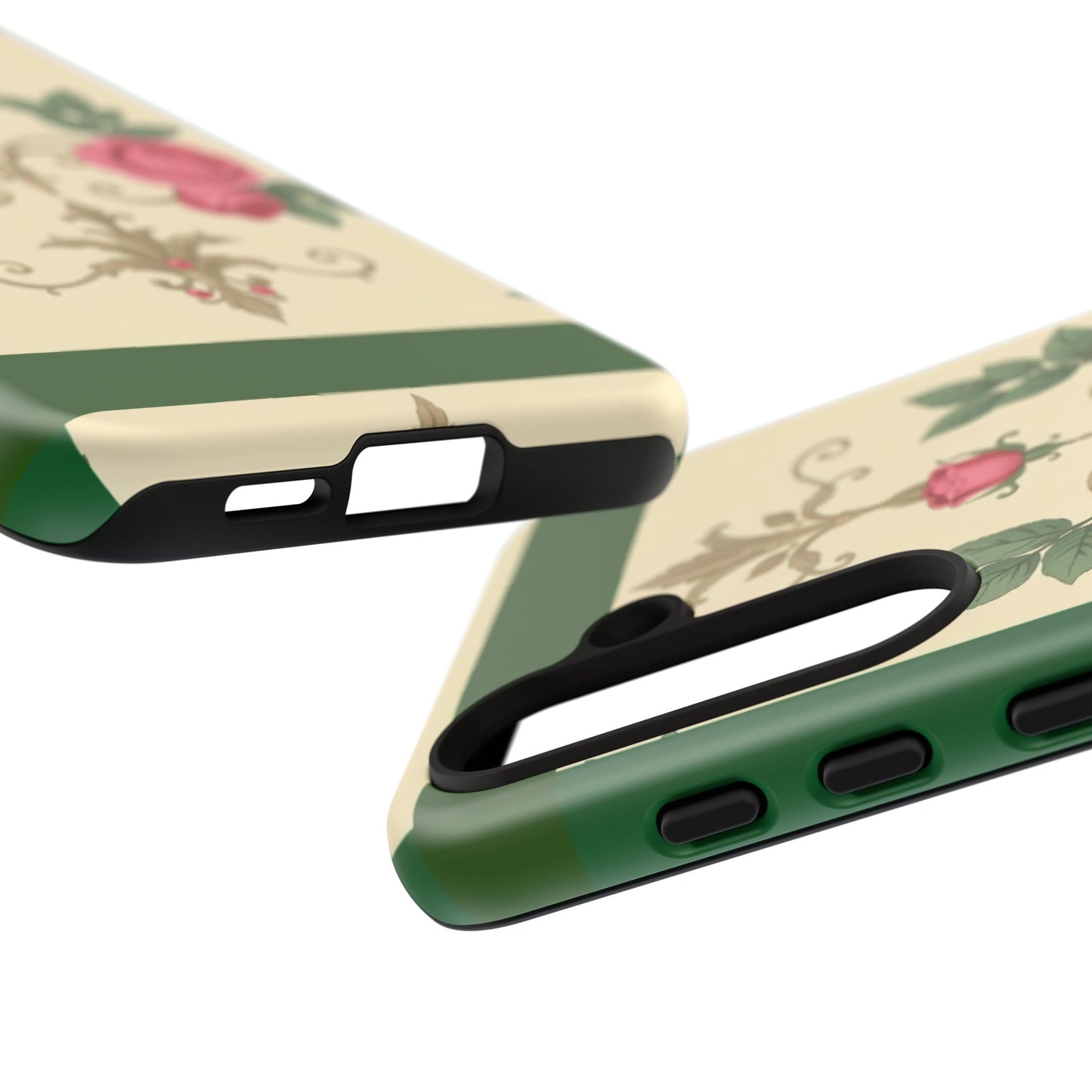 Elegant Floral Motif Phone Case - Tough Cases with Vintage Design - Green Border Roses & Damask