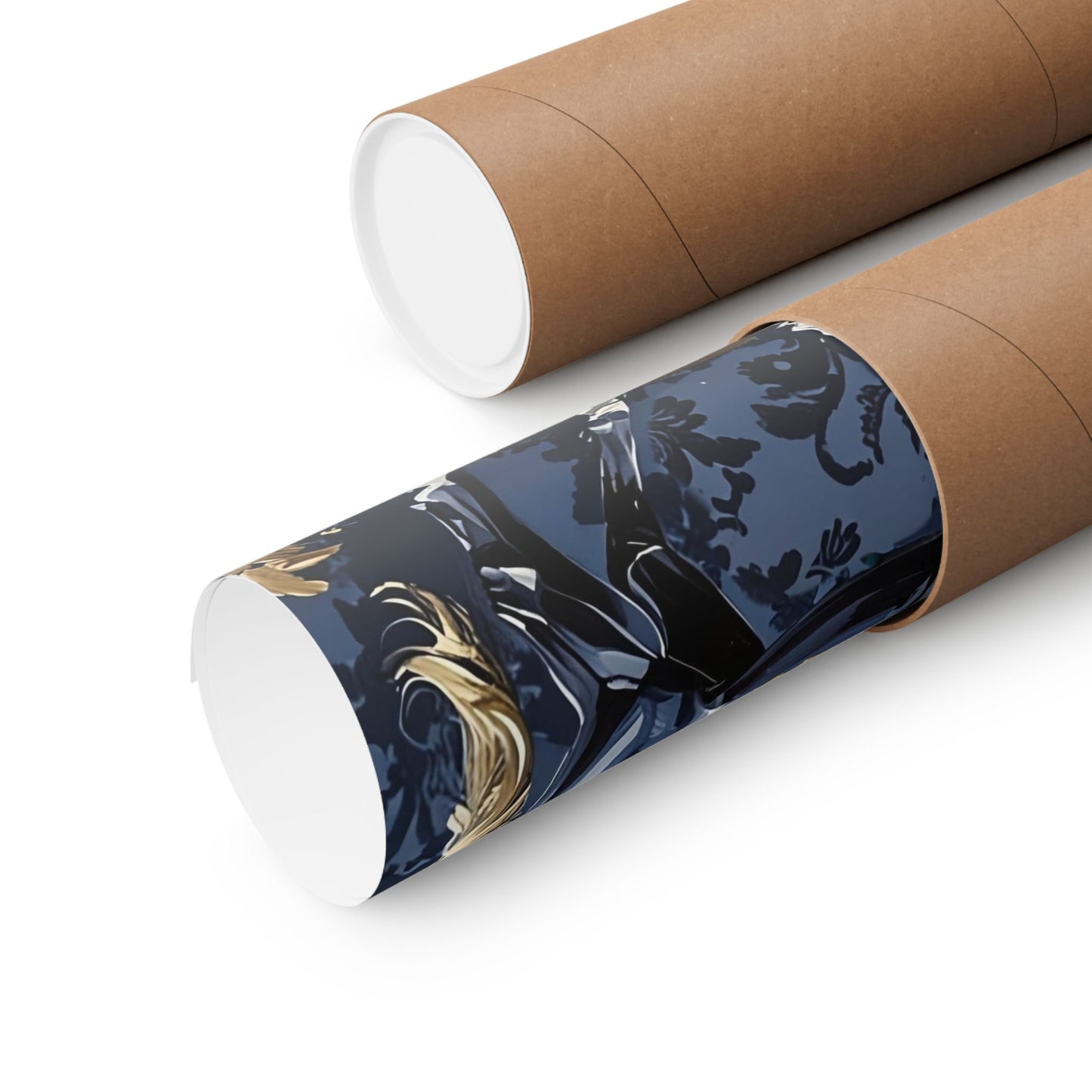 Floral Motif Art Poster - Elegant Matte Vertical Wall Decor - Midnight Blue & Gold Damask Horse