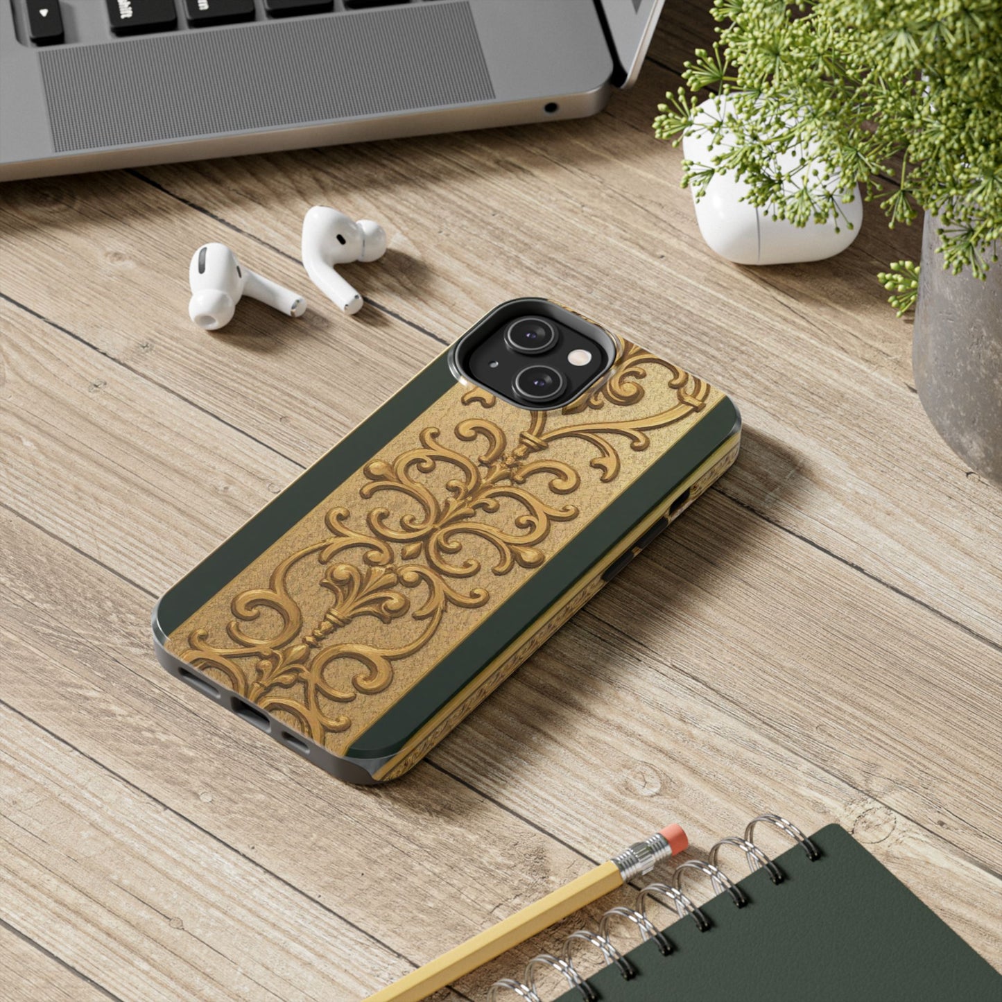Elegant Teal Striped Gold Baroque Vintage Phone Case, Durable Cell Phone Cover, Floral Phone Protection, Personalized Gift Idea