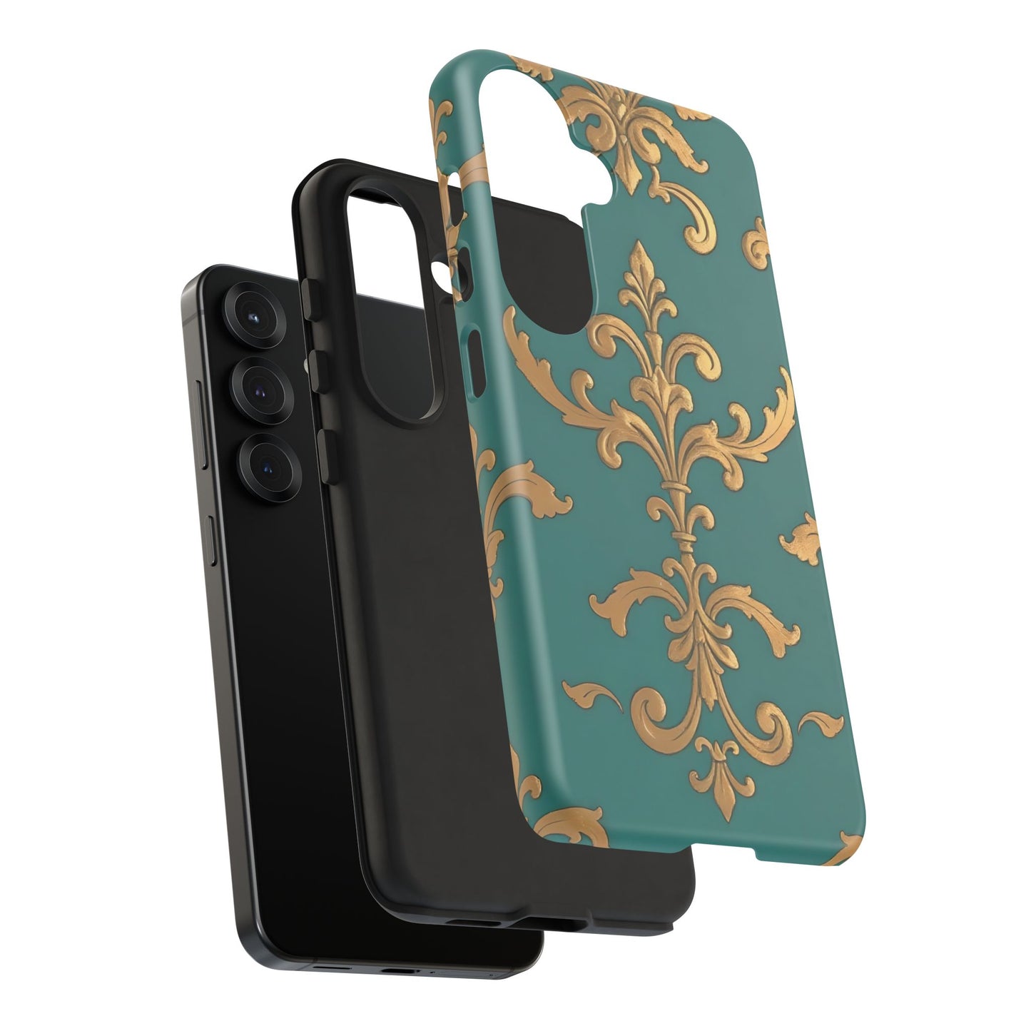 Elegant Floral Motif Phone Case - Tough Cases with Vintage Design - Aqua & Gold Damask