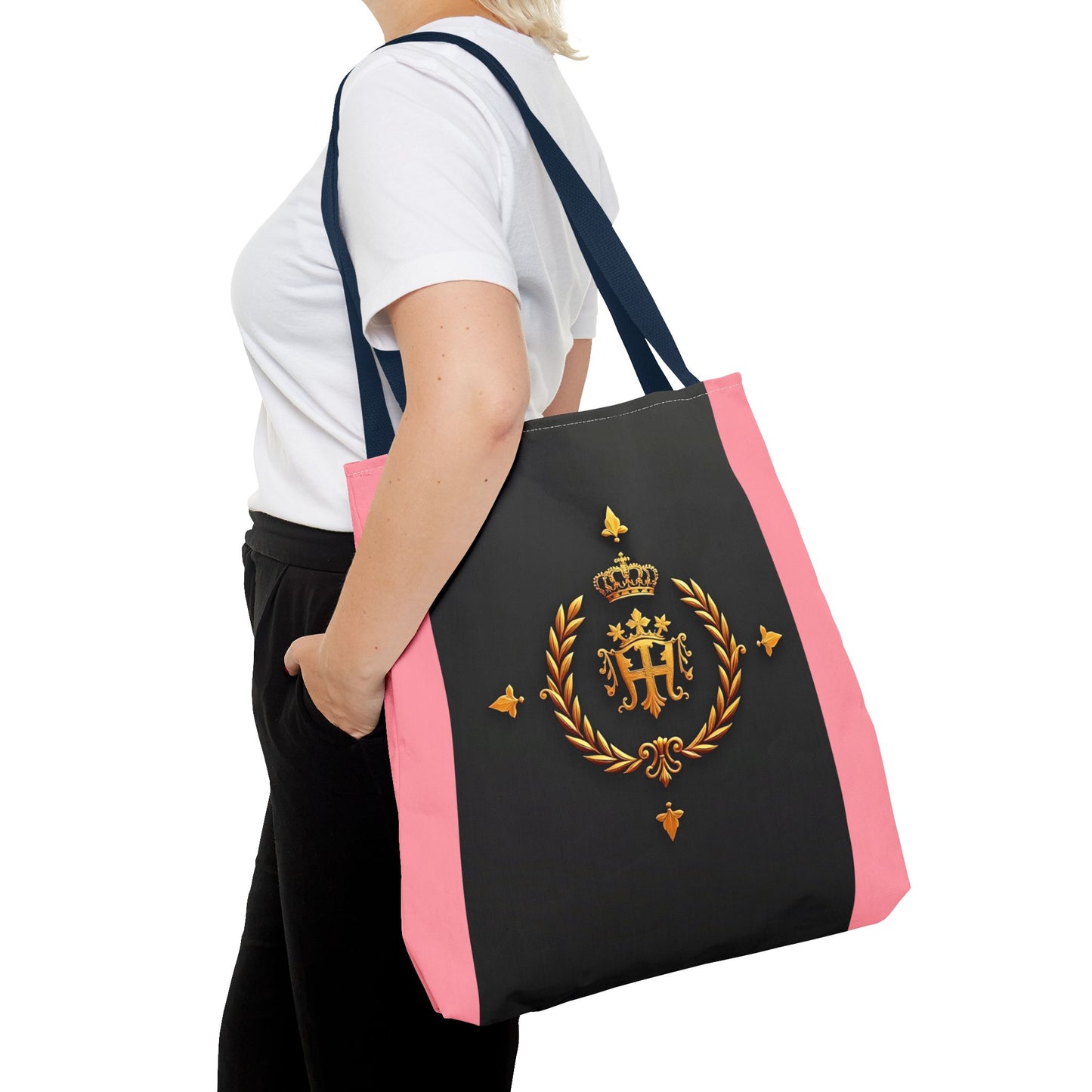 Elegant Monogrammed Tote Bag - Chic Shopper, Eco-Friendly Carryall, Personalized Gift, Stylish Accessory - Pink Striped Gold Crest