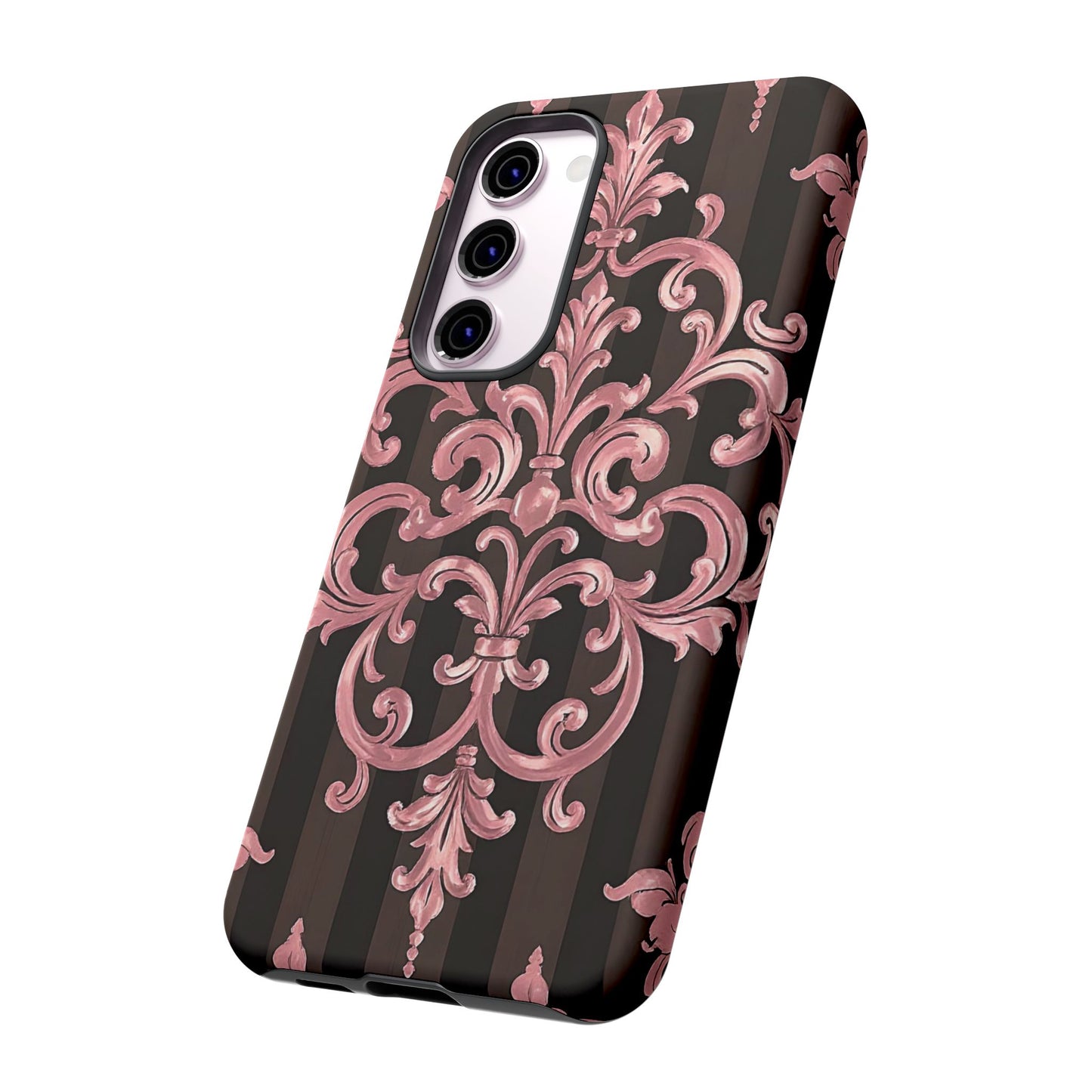 Elegant Floral Motif Phone Case - Tough Cases with Vintage Design - Brown Striped Mauve Damask