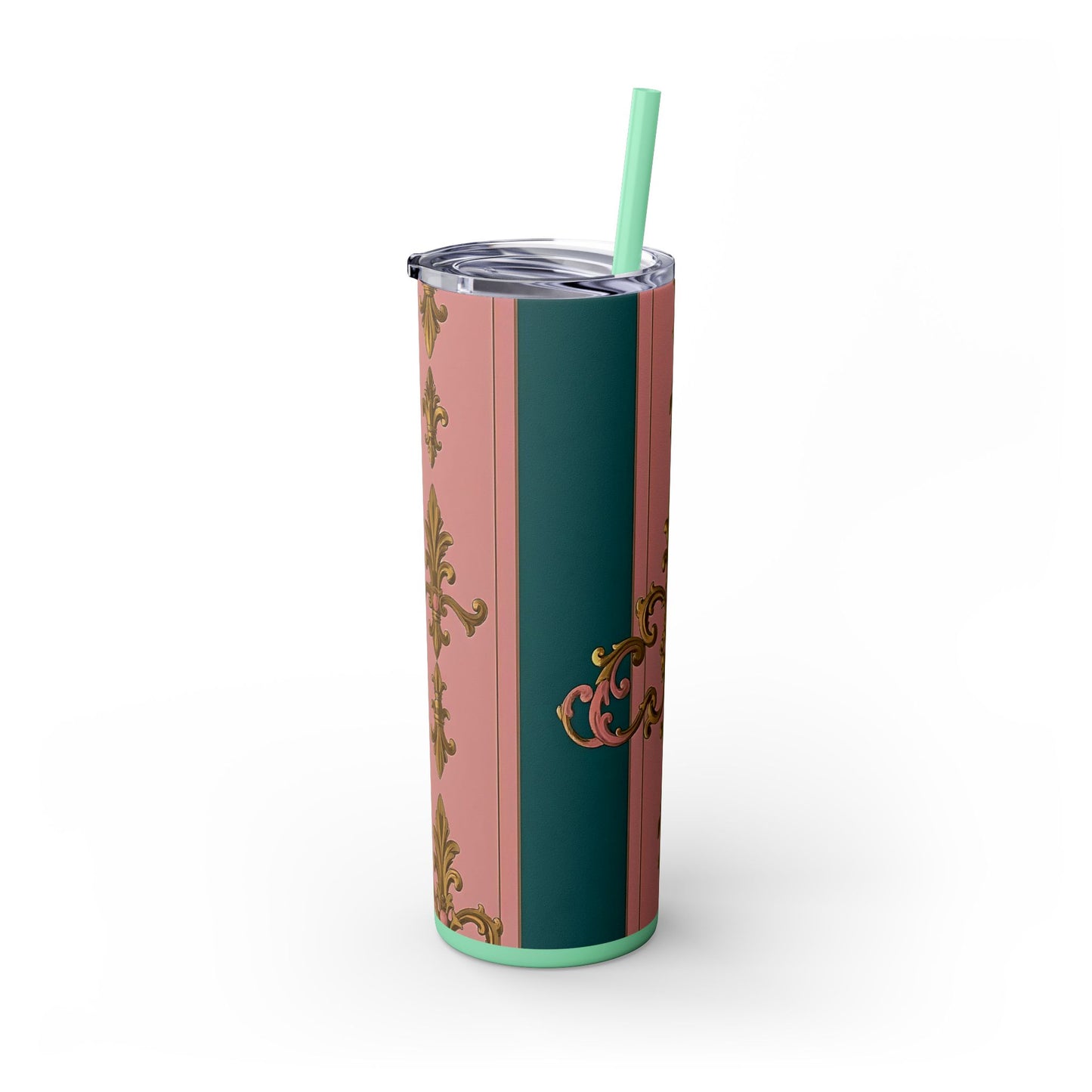 Elegant Pink and Green Skinny Tumbler with Straw, 20oz - Ideal for Gifts, Travel, Home, Events - Pink & Teal Striped Gold Baroque