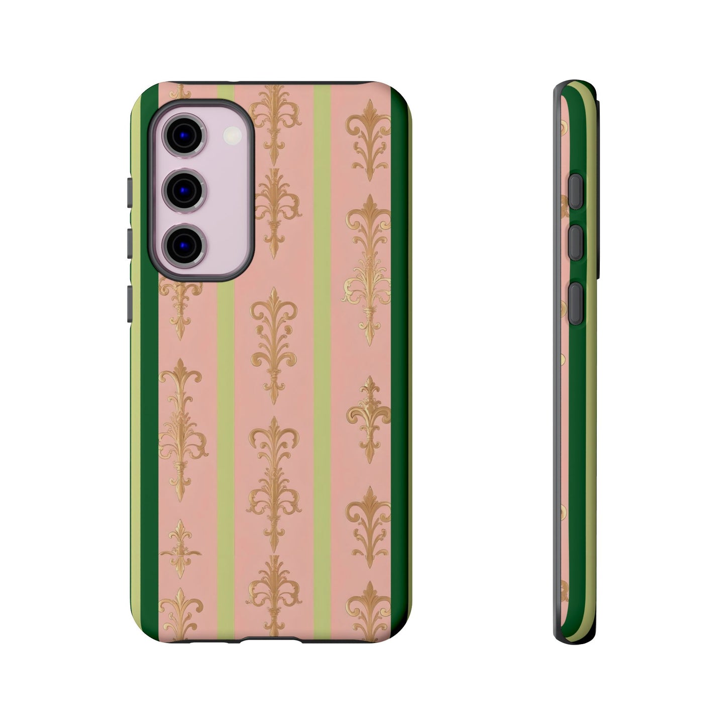 Elegant Floral Motif Phone Case - Tough Cases with Vintage Design - Lime Green & Pink Striped Damask
