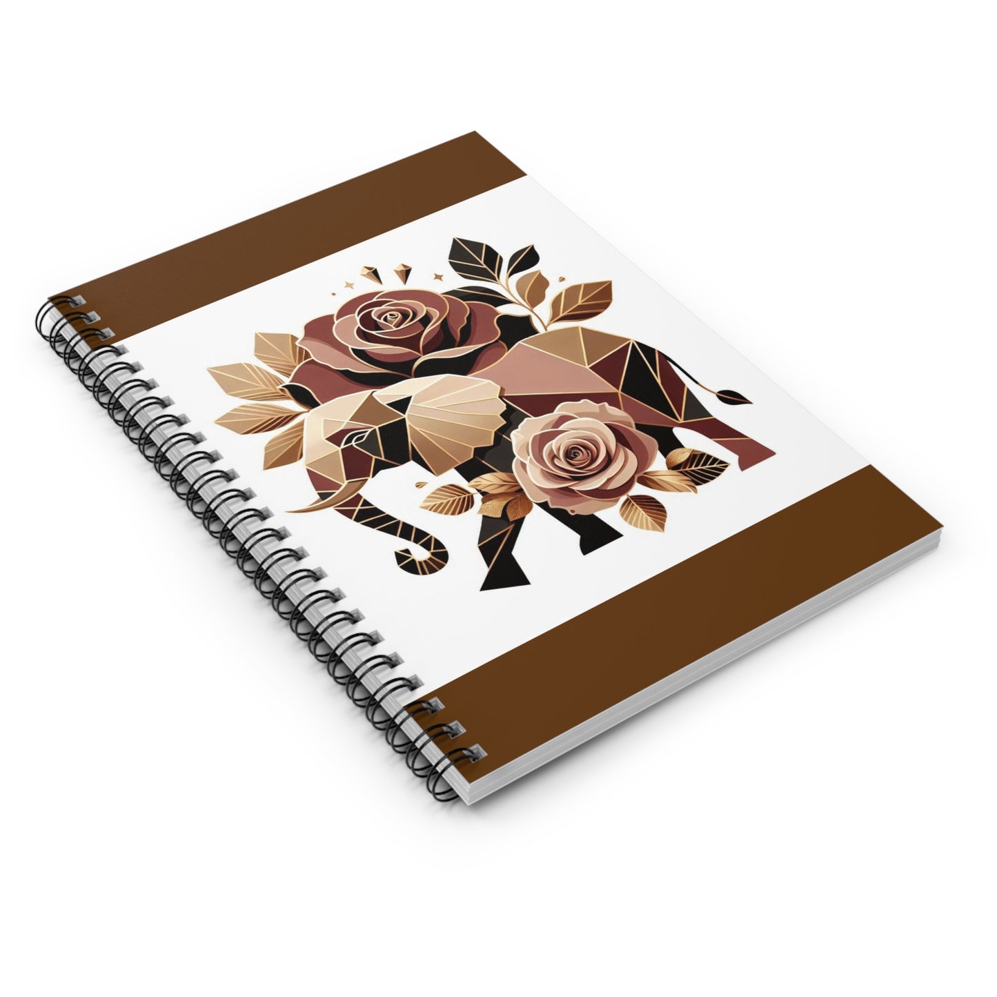 Stylish Elephant Spiral Notebook - Ruled Line with Floral Design - Brown & Gold Elephant & Roses Design