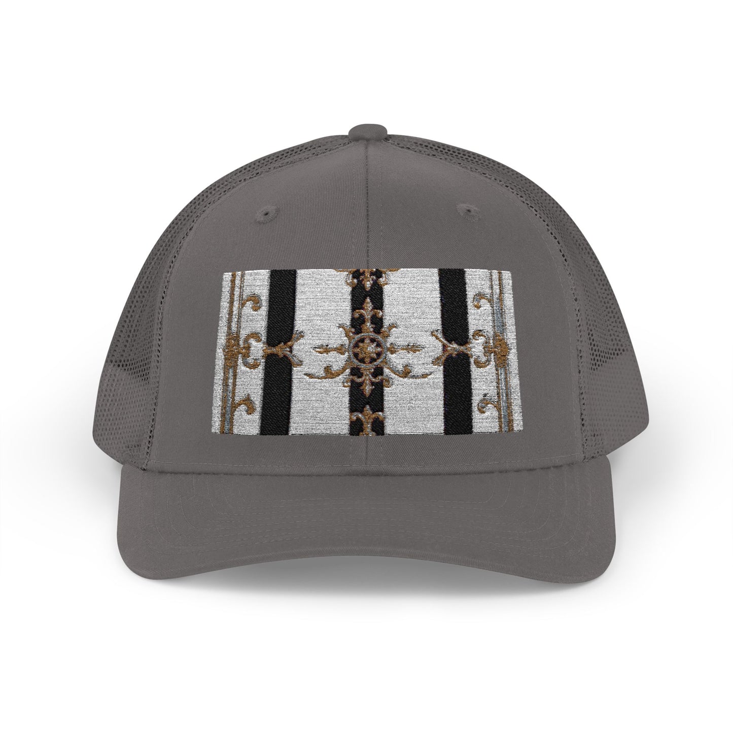 Trendy Snapback Trucker Cap, Casual Fashion Hat, Summer Accessory, Gift Idea for Cool Teens, Outdoor Activities - Black & White Striped Gold Baroque