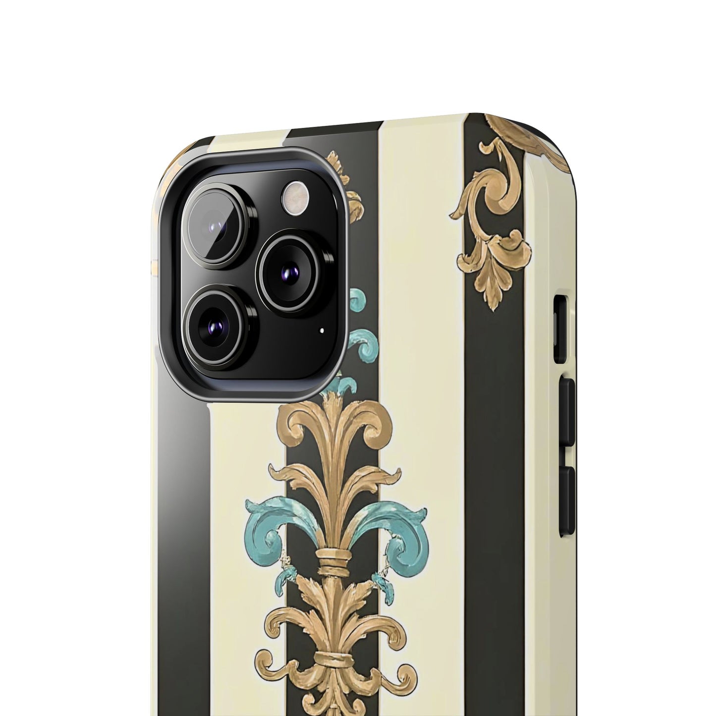 Elegant Vintage Tough Phone Cases, Stylish Phone Accessories, Quality Protection, Gifts for Her - Black Striped Turquoise & Black Rococo
