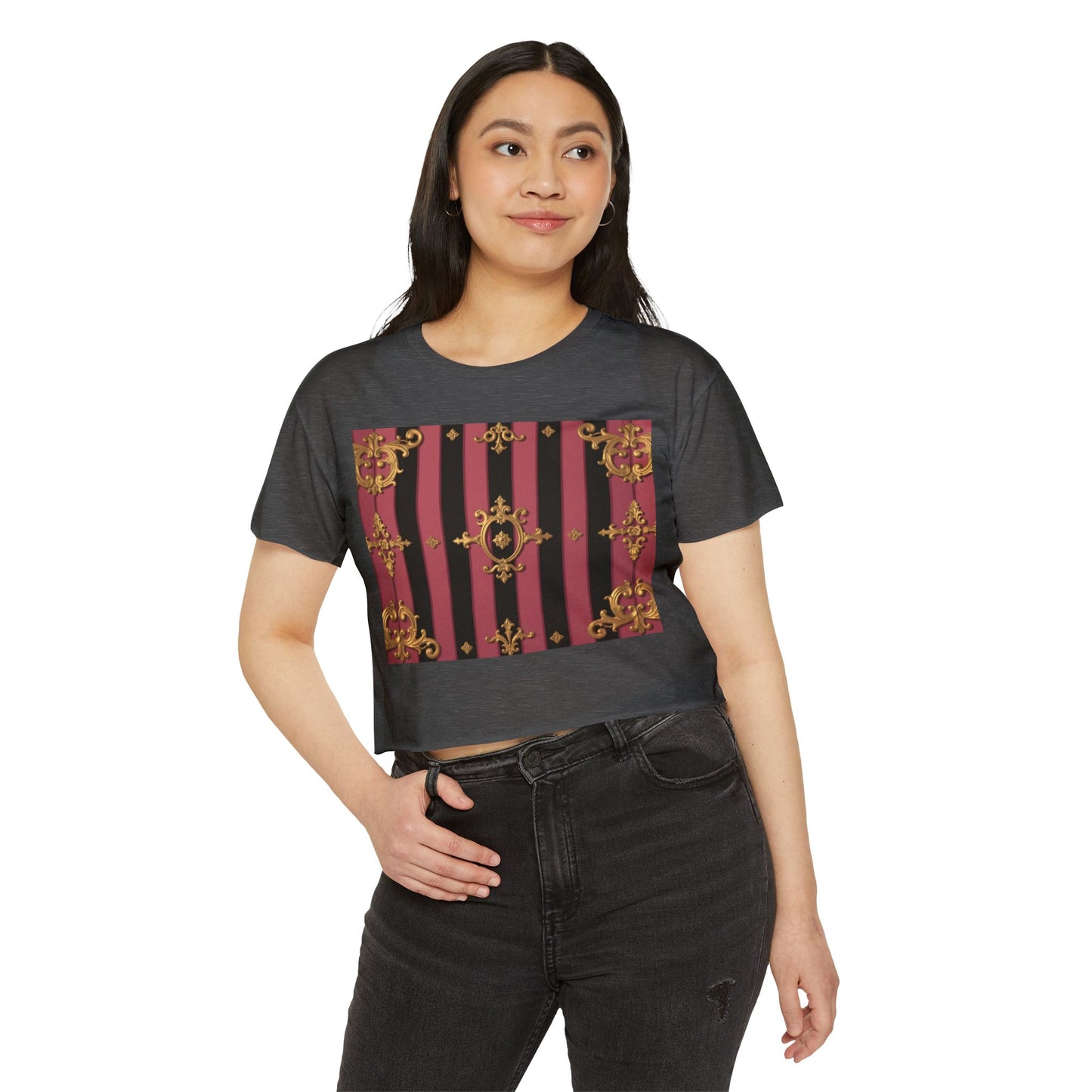 Festival Ready Black & Mauve Striped Gold Baroque Women's Crop Top | Elegant Chic, Summer Fashion, Music Festival Apparel