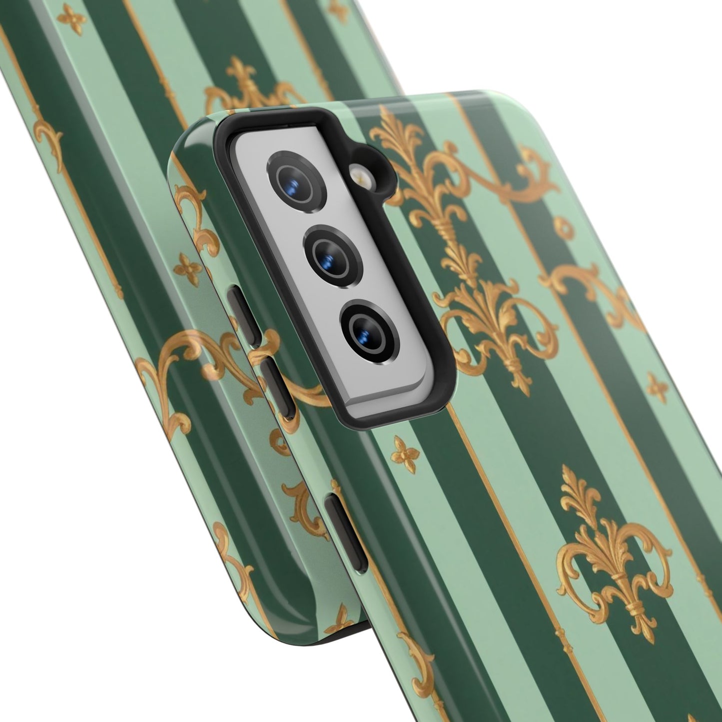 Elegant Floral Tough Phone Cases | Stylish Phone Protection, Gift for Her, Trendy Accessory, Unique Decor - Mint Green & Teal Striped Gold Baroque