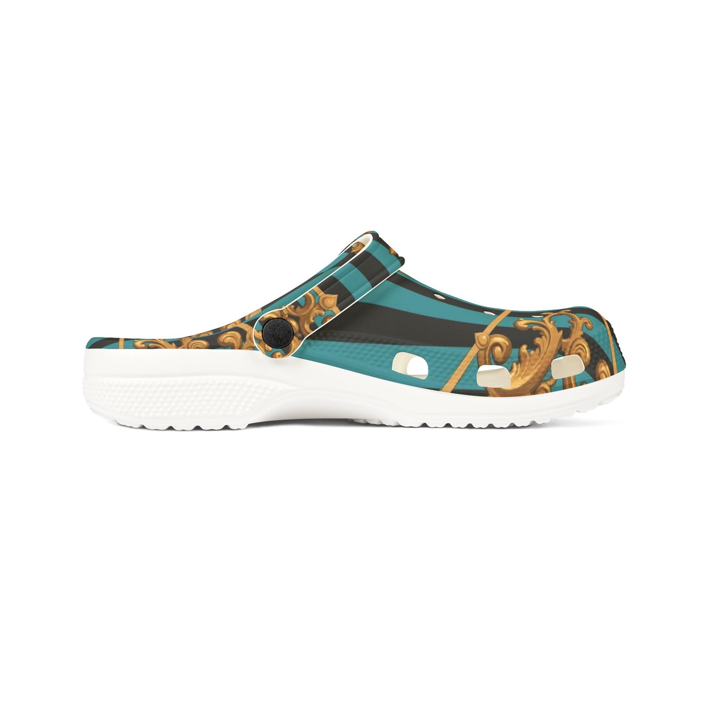 Stylish Turquoise & Black Striped Gold Baroque EVA Foam Rubber Shoes with Elegant Gold Pattern, Casual Footwear