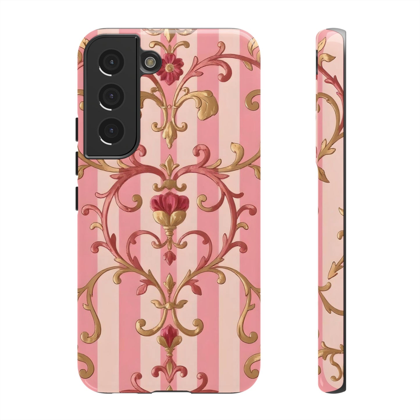 Elegant Floral Motif Phone Case - Tough Cases with Vintage Design - Pink Striped Rose Gold Damask
