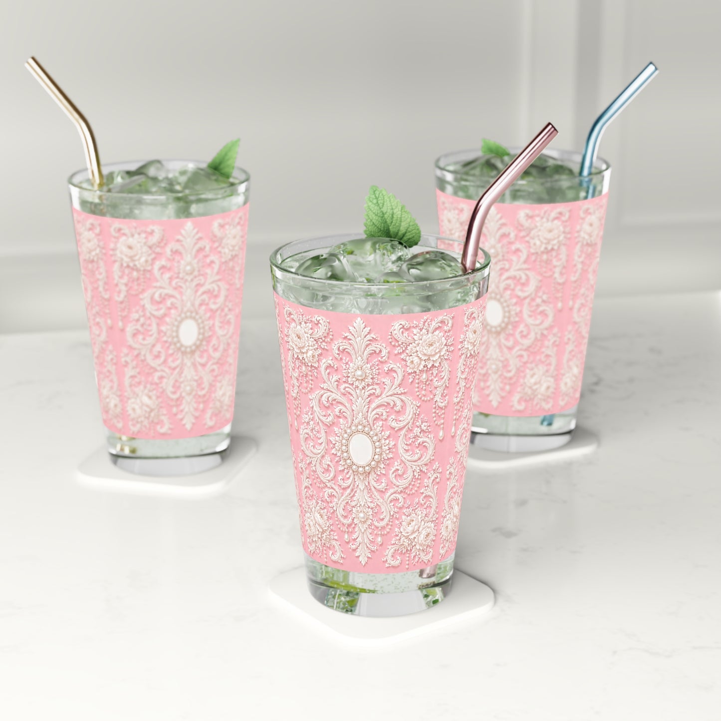 Pink Rococo Pint Glass – Elegant Ornate 16oz Drinkware