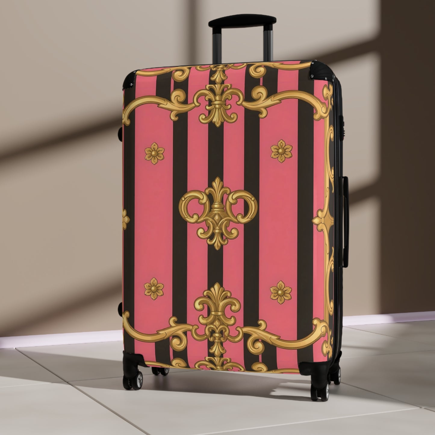 Stylish Pink Striped Suitcase with Gold Accents, Travel Luggage, Vacation Bag - Pink & Black Striped Gold Baroque