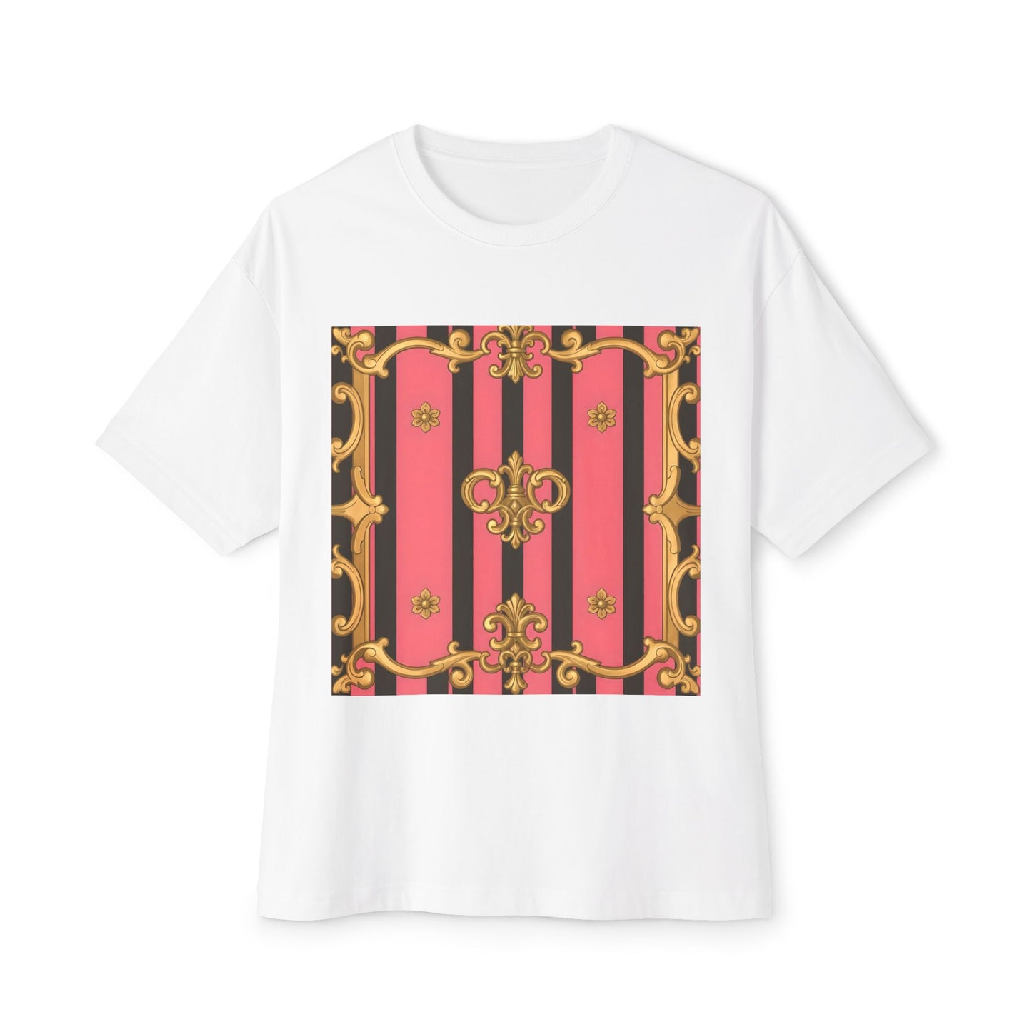 Chic Vintage-Inspired Oversized Tee, Stylish Graphic T-Shirt, Baroque Tee, Casual Summer Shirt - Pink & Black Striped Gold Baroque