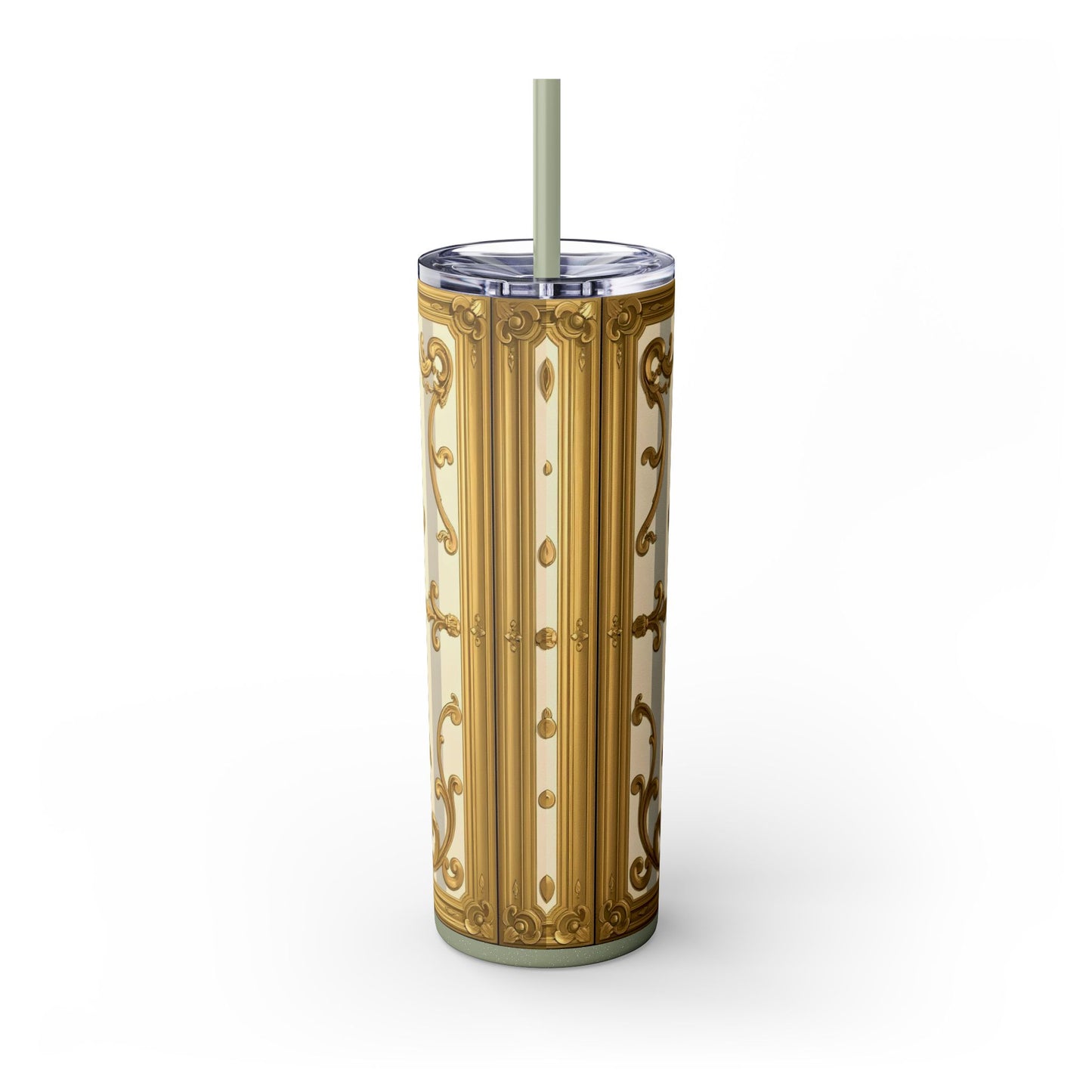 Elegant Vintage Skinny Tumbler with Straw, 20oz - Golden Baroque Design for Weddings, Parties - Matte Gray & Cream Striped Gold Baroque