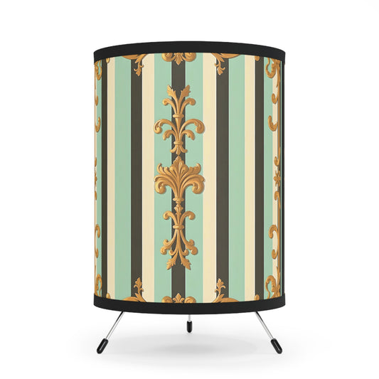 Elegant Tripod Lamp with Vintage Design Shade | Home Decor, Lighting, Gifts, Bedroom, Living Room, Unique Interior - Black & Matte Mint Striped Rococo