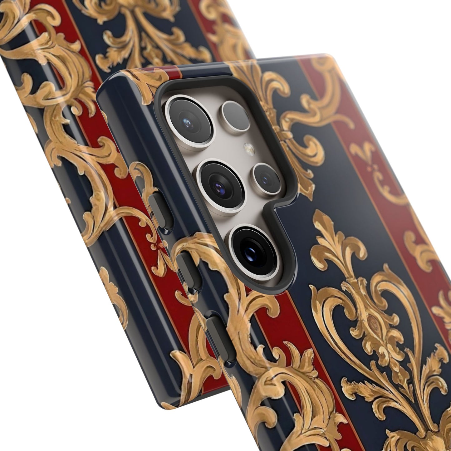 Elegant Floral Motif Phone Case - Tough Cases with Vintage Design - Midnight Blue & Dusk Red Striped Gold Damask