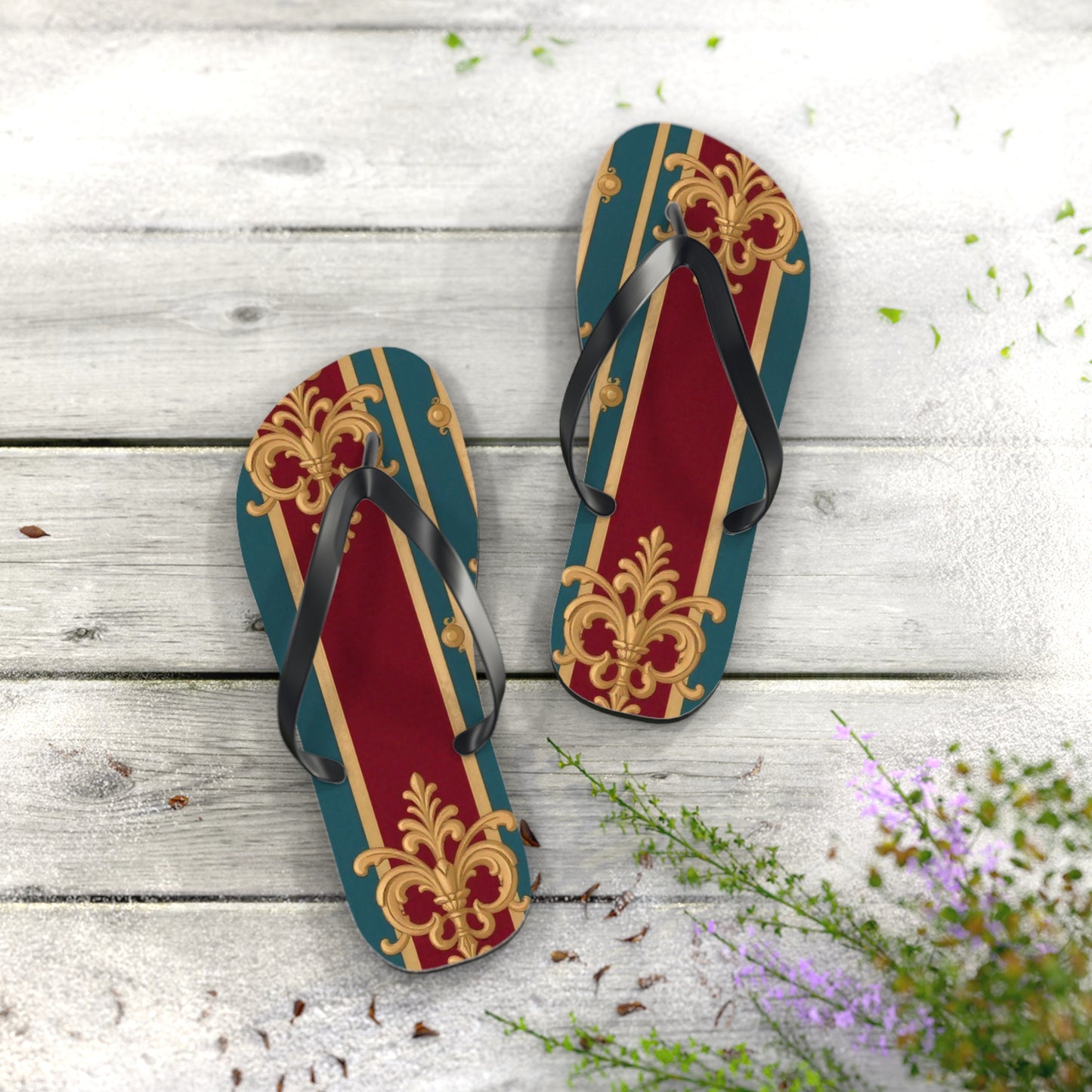 Elegant Floral Pattern Flip Flops, Stylish Beach Footwear, Summer Accessories, Vacation Sandals - Burgundy Striped Gold Baroque