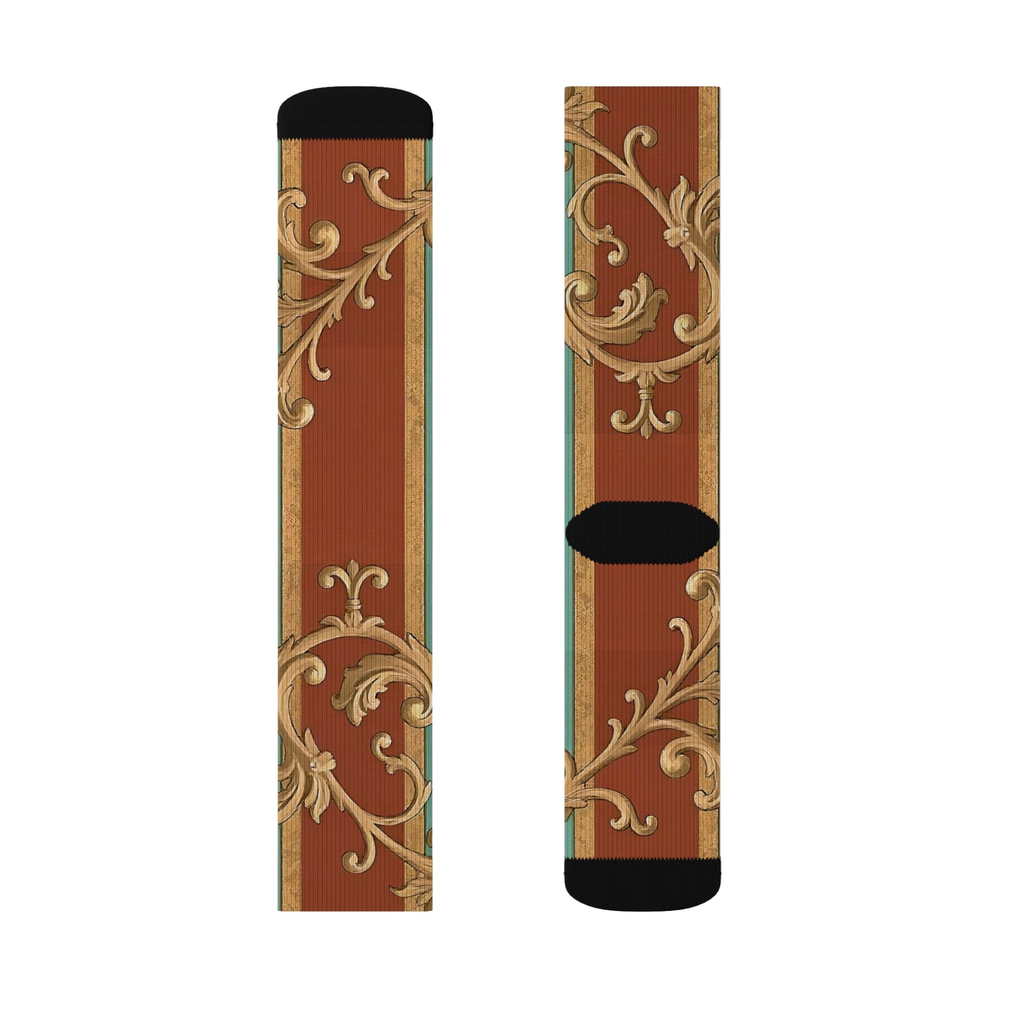 Elegant Sublimation Socks | Stylish Accessories, Gift for Him or Her, Cozy Winter Footwear - Rust & Mint Aqua Striped Baroque