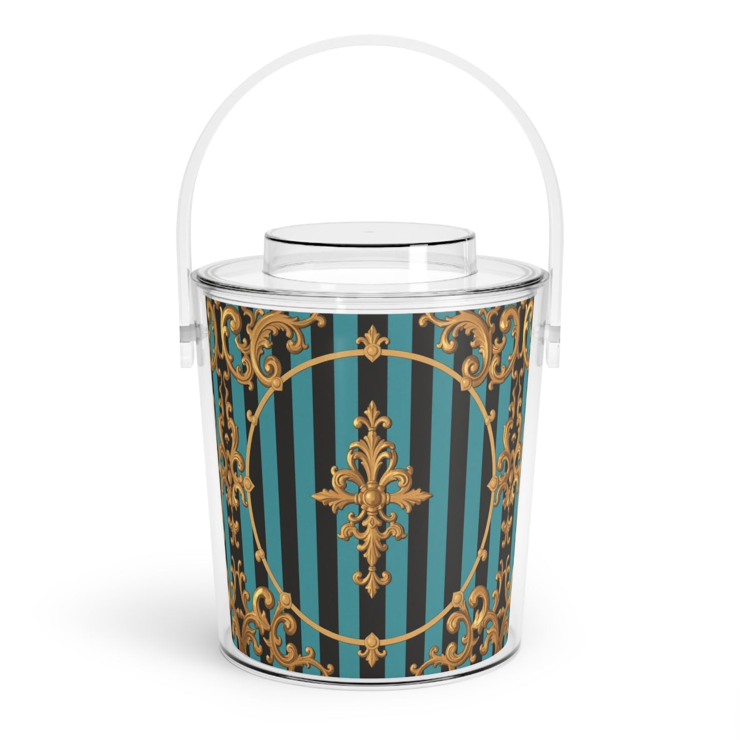Elegant Turquoise & Black Striped Gold Baroque Ice Bucket with Tongs, Decorative Party Cooler, Barware Gift, Cocktail Accessory