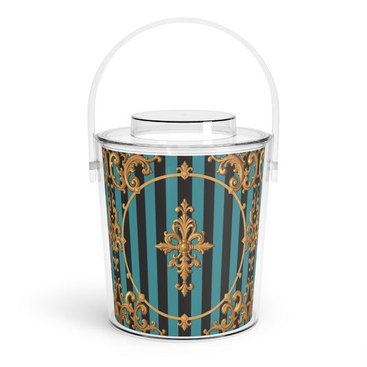Elegant Turquoise & Black Striped Gold Baroque Ice Bucket with Tongs, Decorative Party Cooler, Barware Gift, Cocktail Accessory