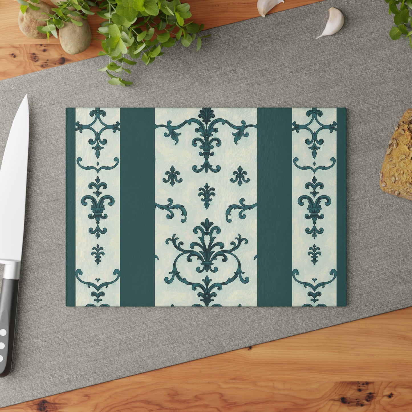 Elegant Glass Cutting Board - Kitchen Decor, Gift for Chefs, Wedding Gift, Home Cooking, Housewarming - Teal Striped Rococo