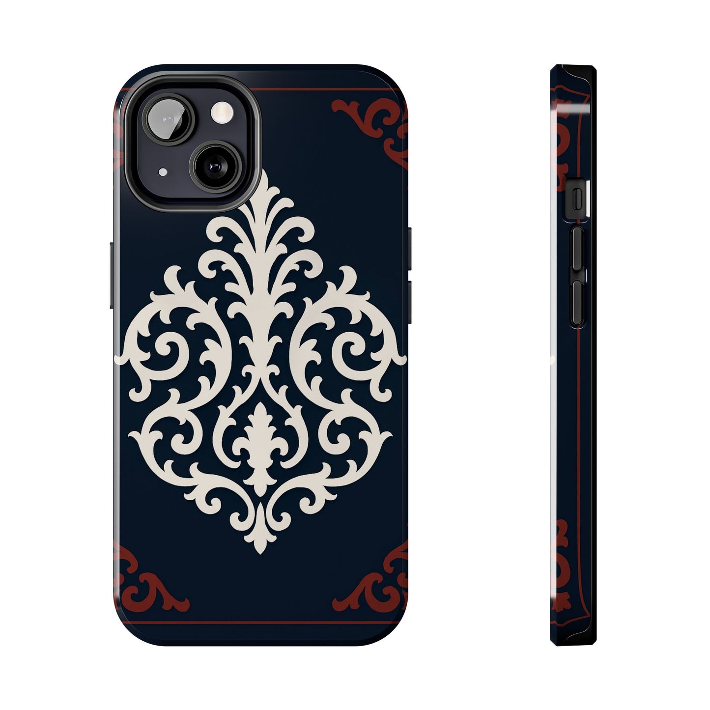 Dusk Blue-Maroon & White Baroque Tough Phone Case — Vintage Scroll Design